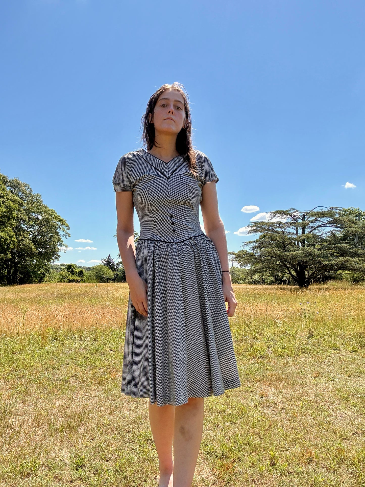 Vintage 1950s Blue Plaid Midi Dress