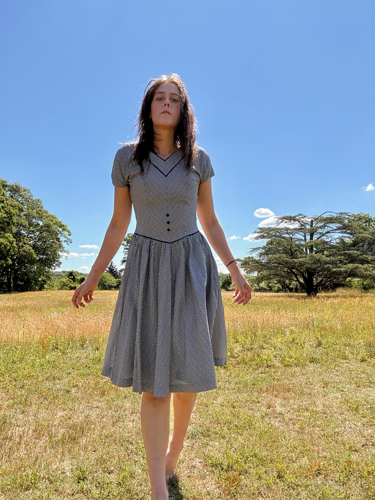Vintage 1950s Blue Plaid Midi Dress