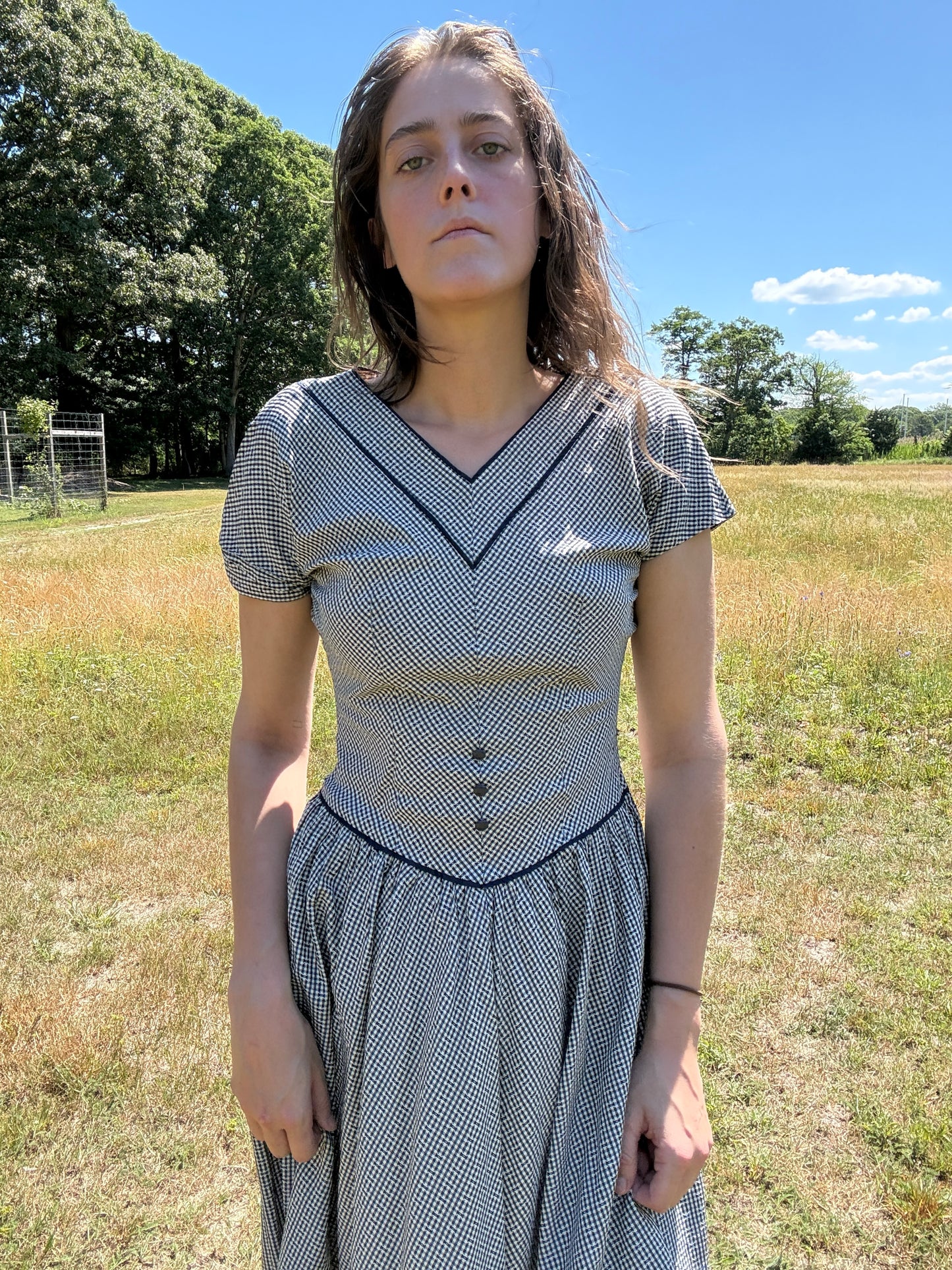 Vintage 1950s Blue Plaid Midi Dress