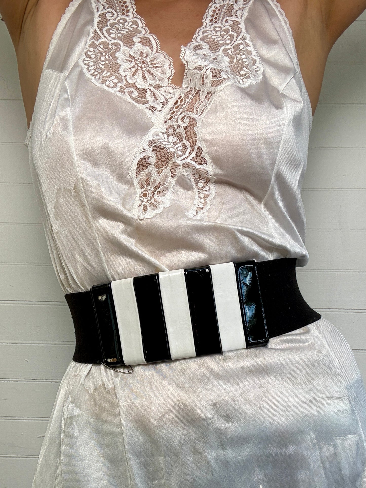 Vintage Patent Leather Black and White Stripe Elastic Waist Belt