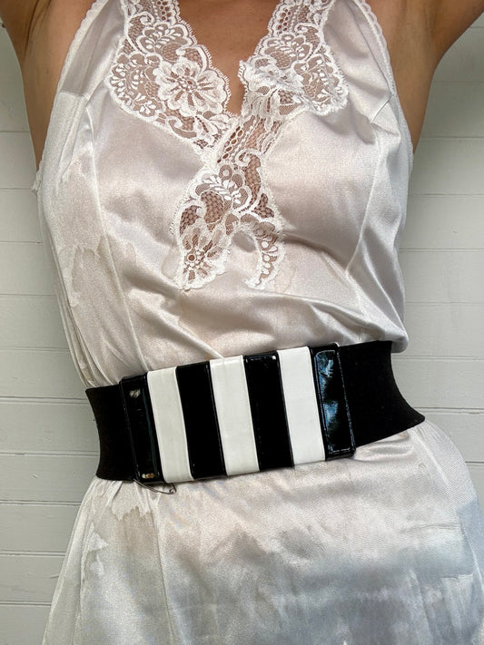 Vintage Patent Leather Black and White Stripe Elastic Waist Belt