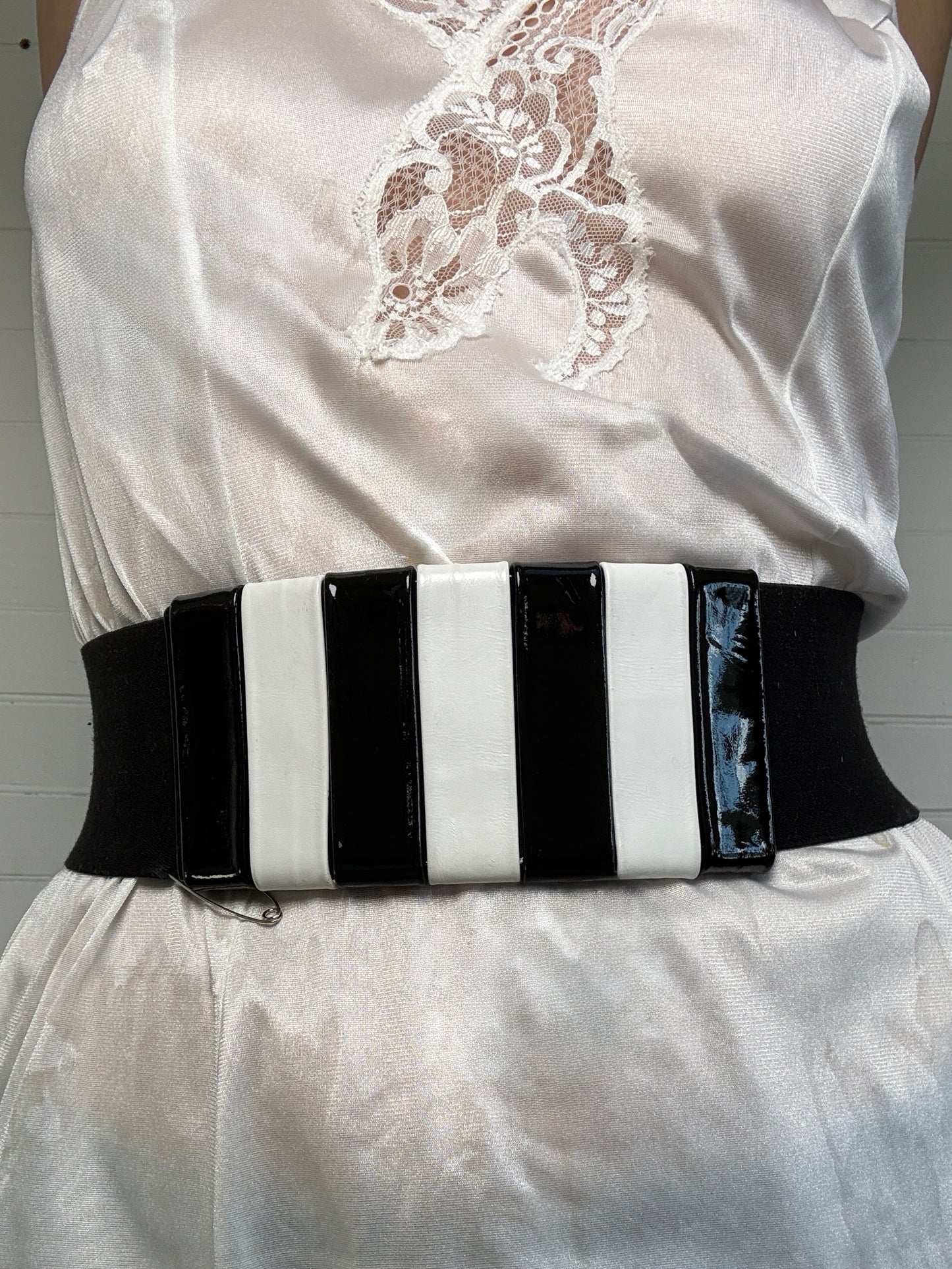 Vintage Patent Leather Black and White Stripe Elastic Waist Belt