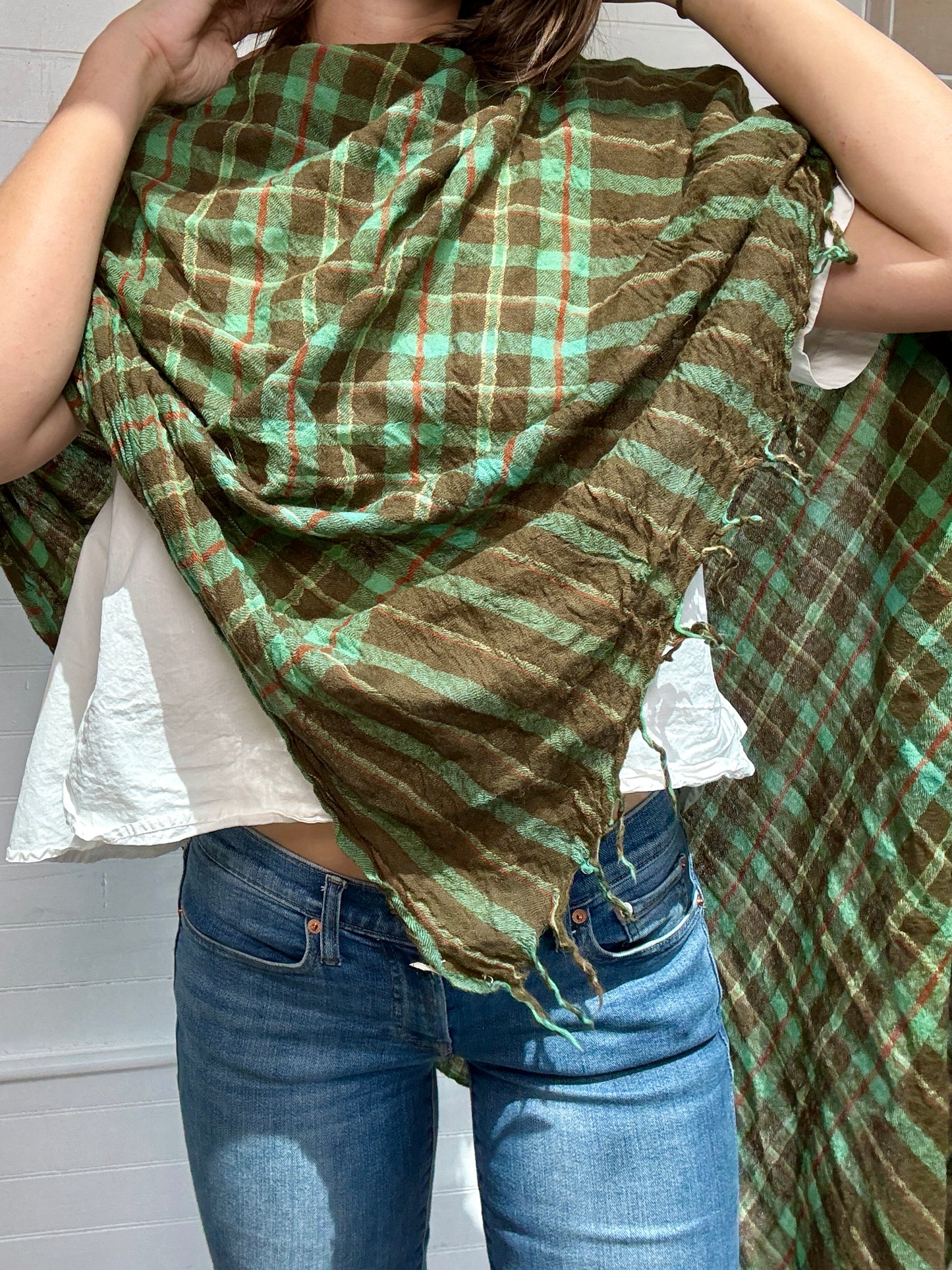 Vintage Brown, Orange and Turquoise Plaid Wool Shawl