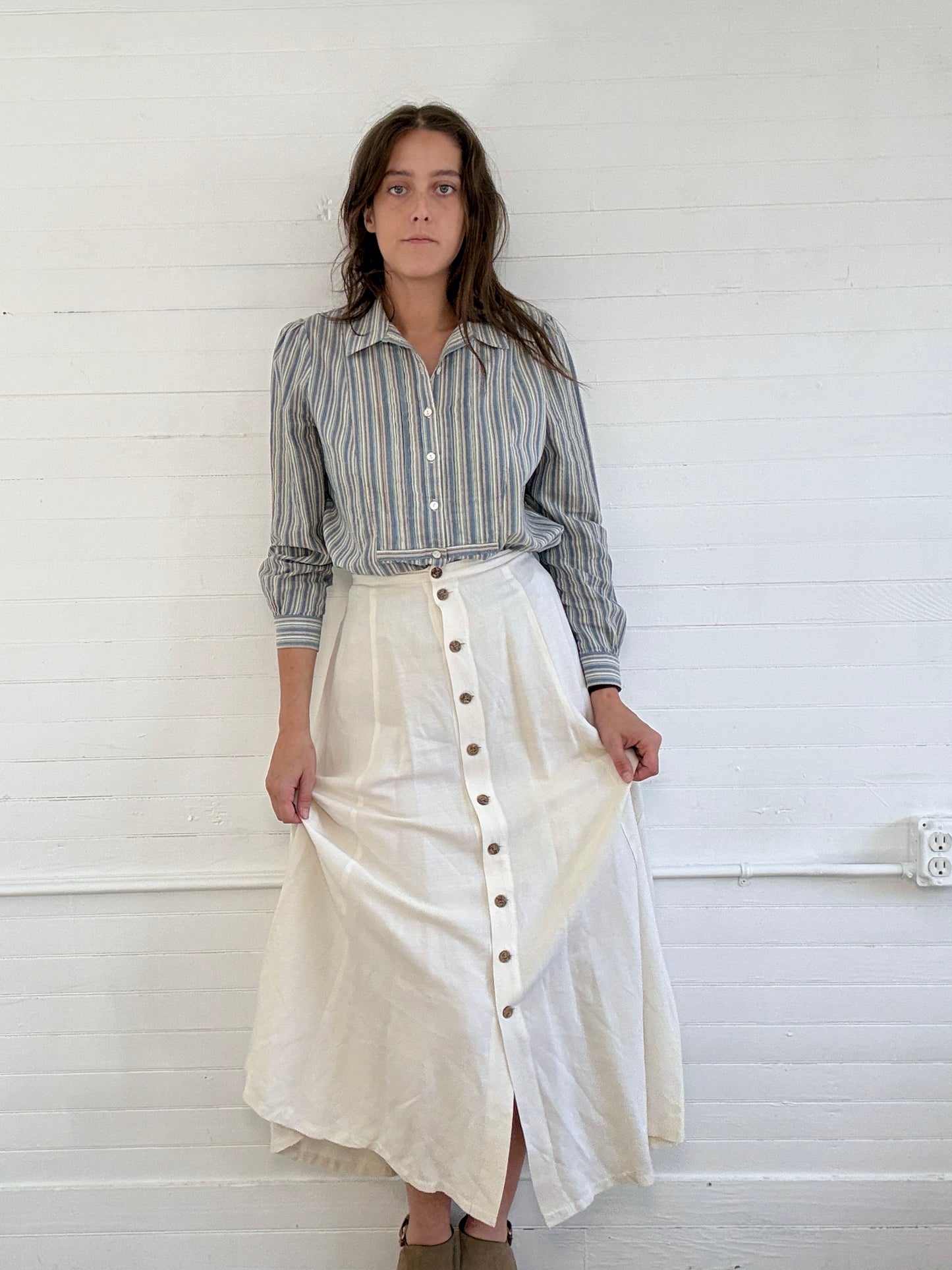 Vintage Linen Button-Up Midi Skirt