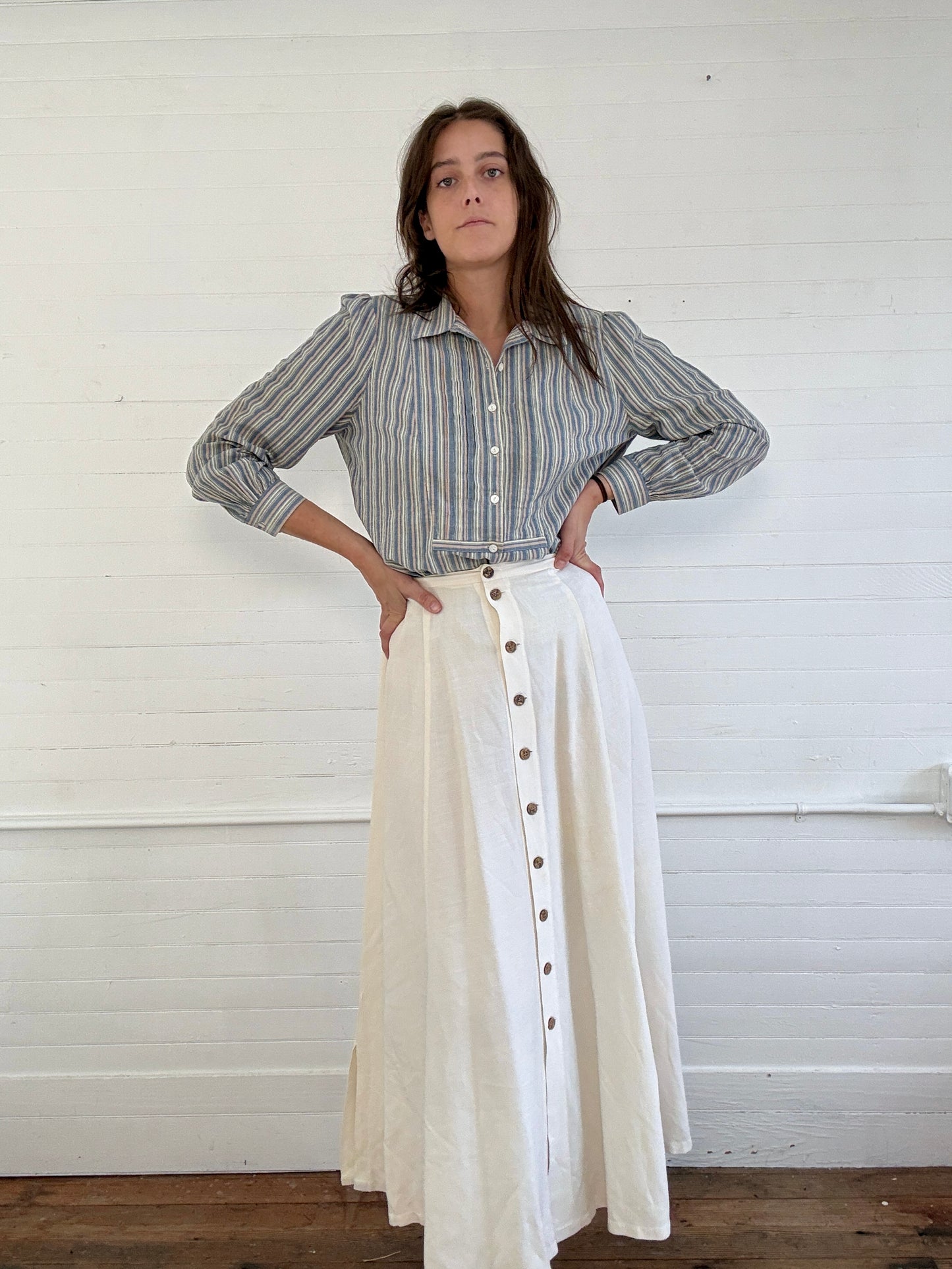 Vintage Linen Button-Up Midi Skirt