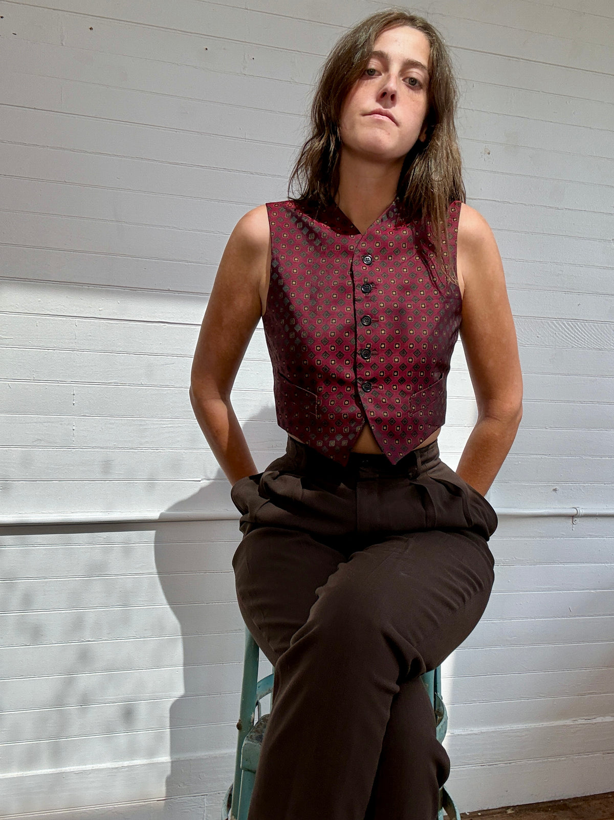 Vintage Romeo Gigli Burgundy and Gold Silk Waist Coat Vest