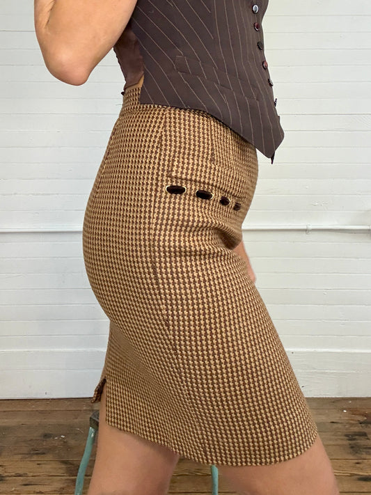 Vintage 1980s Valentino Brown Houndstooth Wool Pencil Skirt