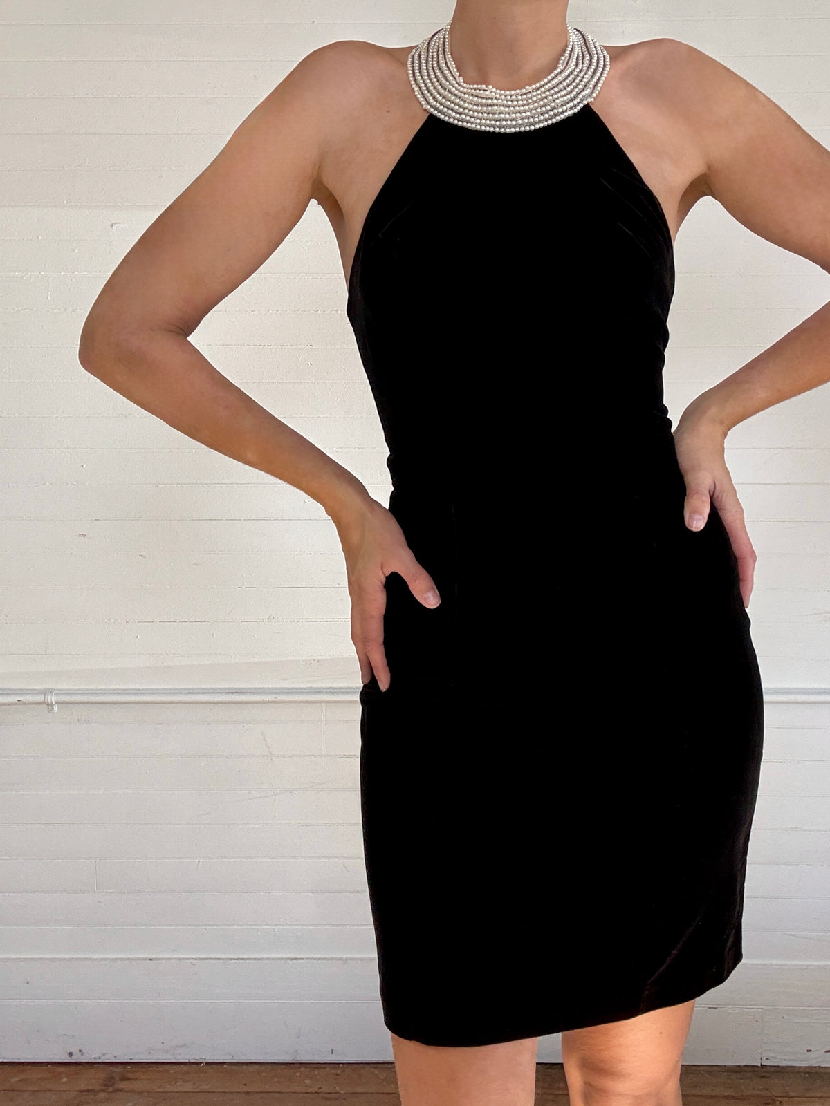 Vintage Black Velvet Mini Dress with Pearl Collar