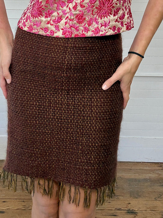 Vintage 2000s Moschino Brown Woven Mohair Skirt with Fringe