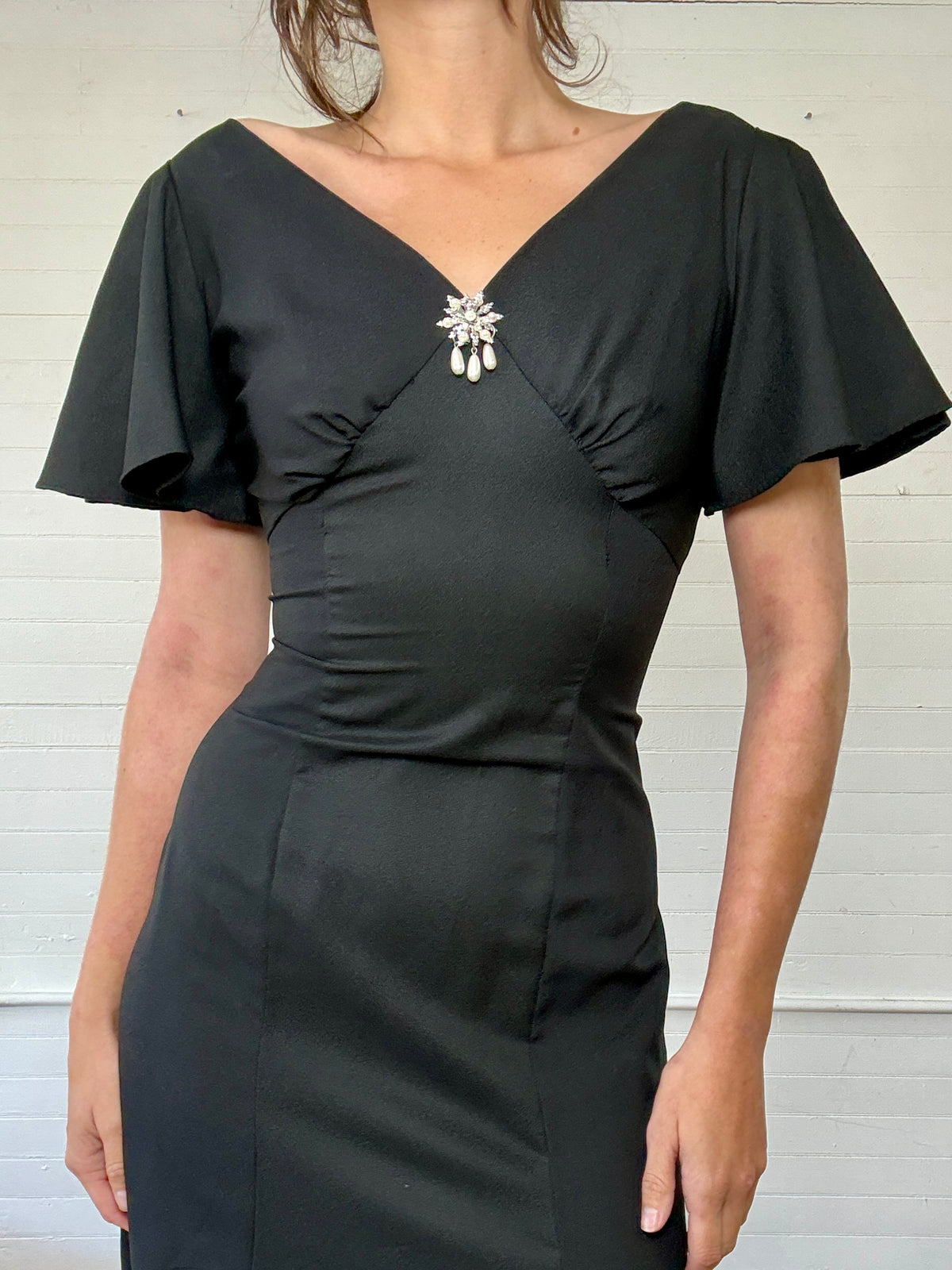 Vintage Black Evening Dress with Silver Brooch