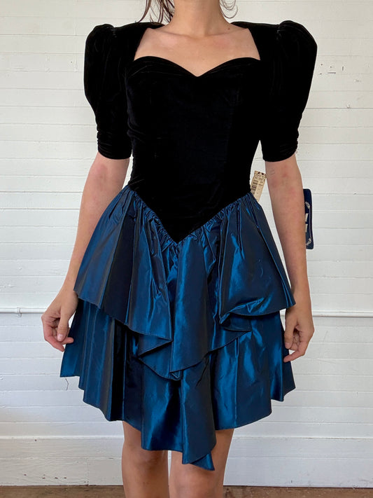 Vintage 1980's Black Velvet and Metallic Blue Mini Dress