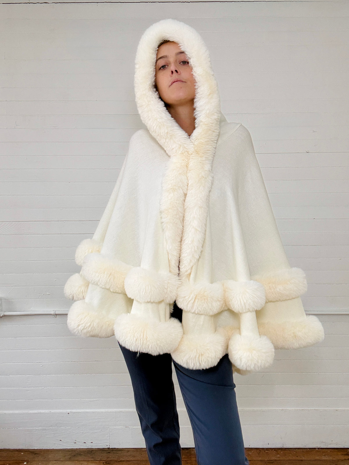Vintage White Fur Hooded Cape