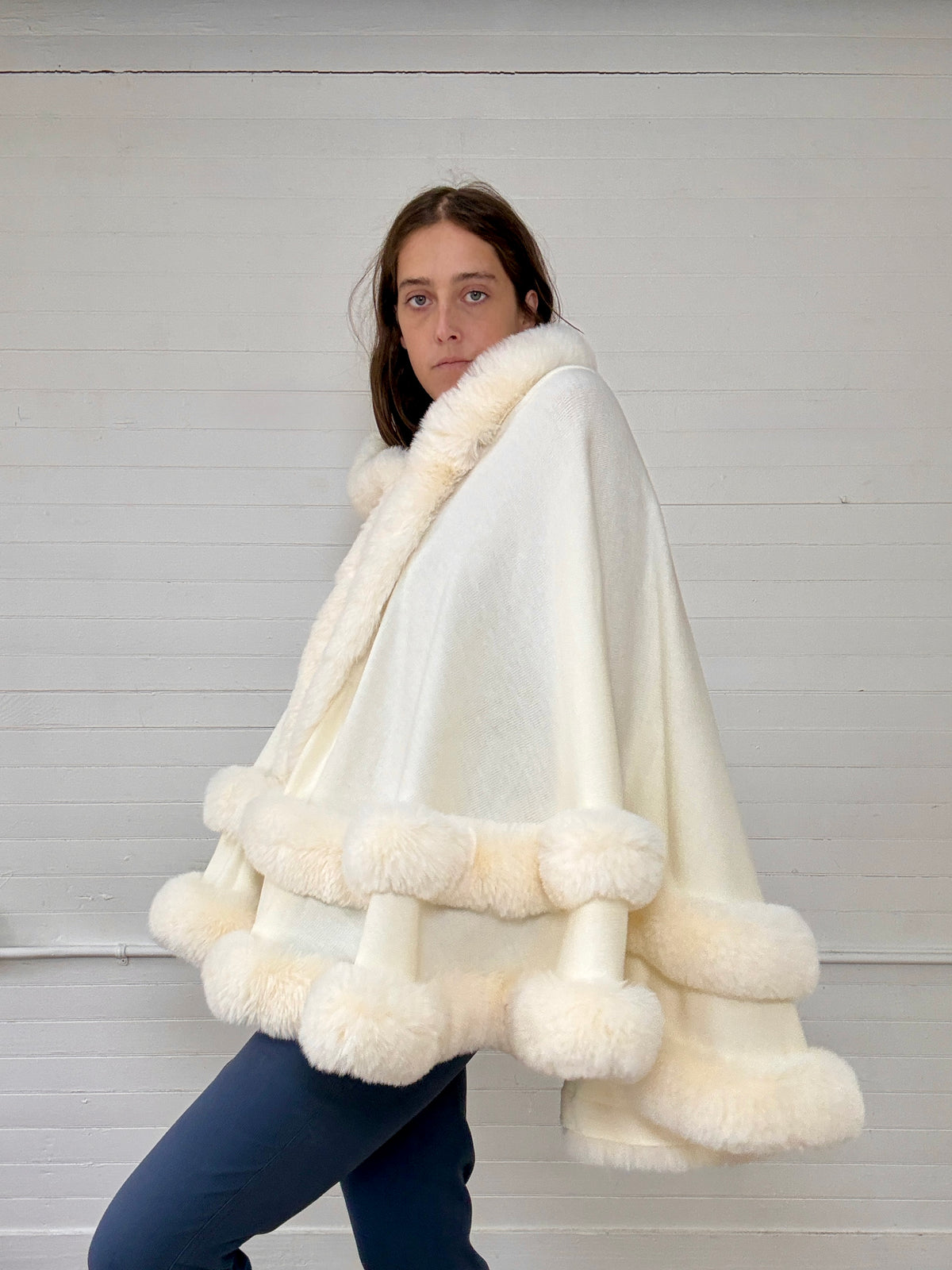 Vintage White Fur Hooded Cape