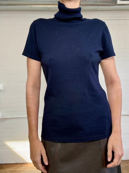 Vintage Anne Klein Navy Blue Short Sleeve Turtle Neck Top