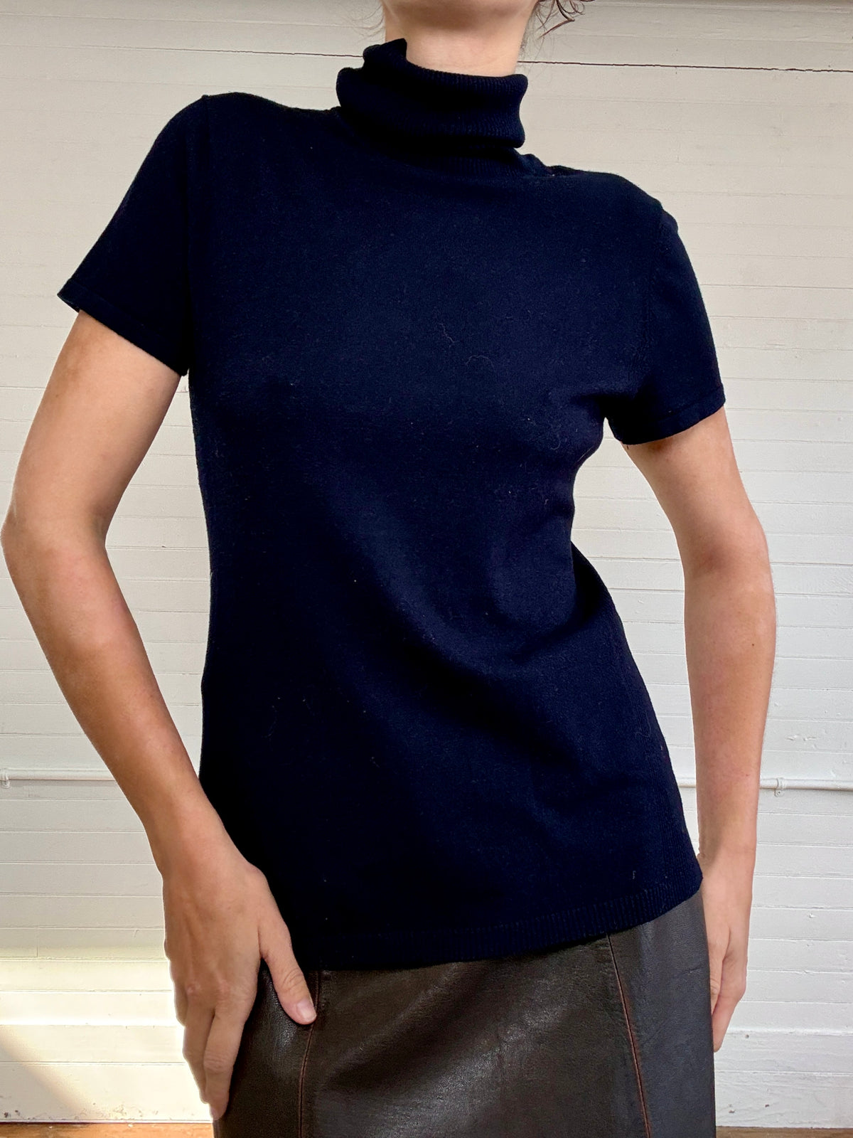 Vintage Anne Klein Navy Blue Short Sleeve Turtle Neck Top