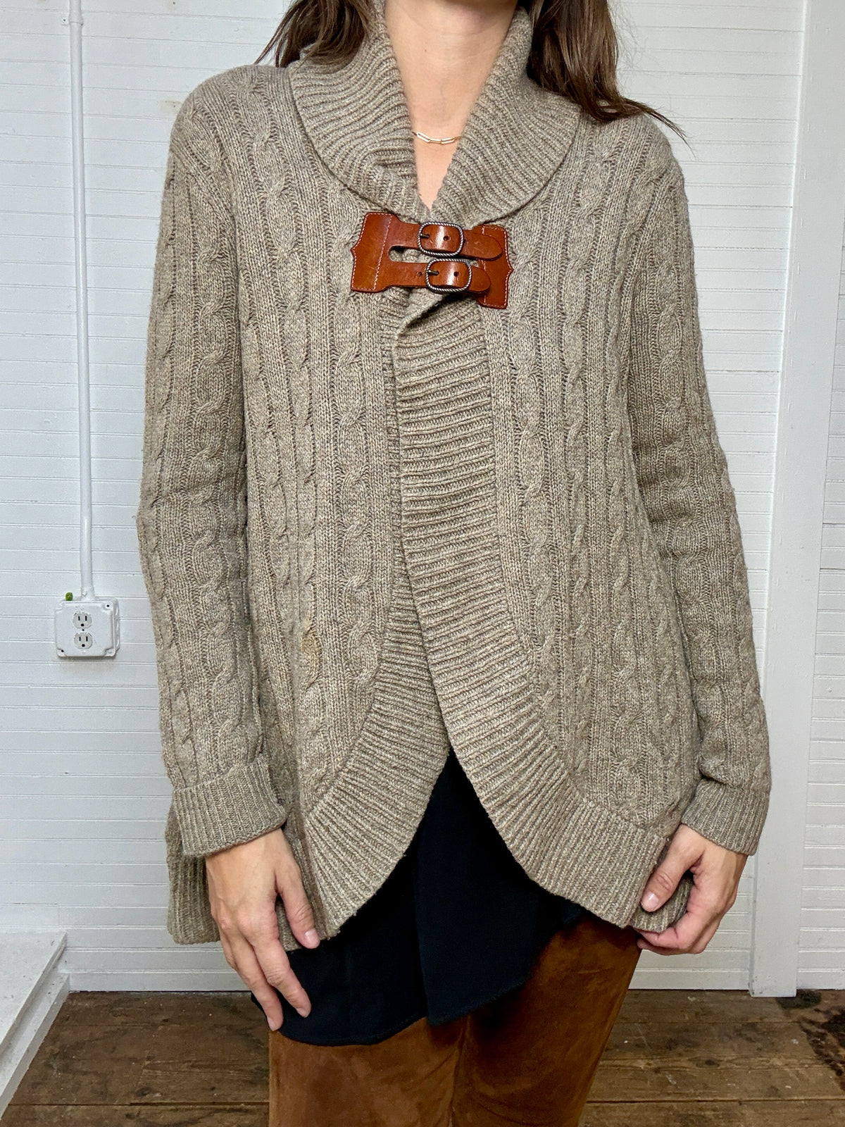 Vintage Ralph Lauren Grey Cable Knit Cardigan Sweater with Leather Hardware