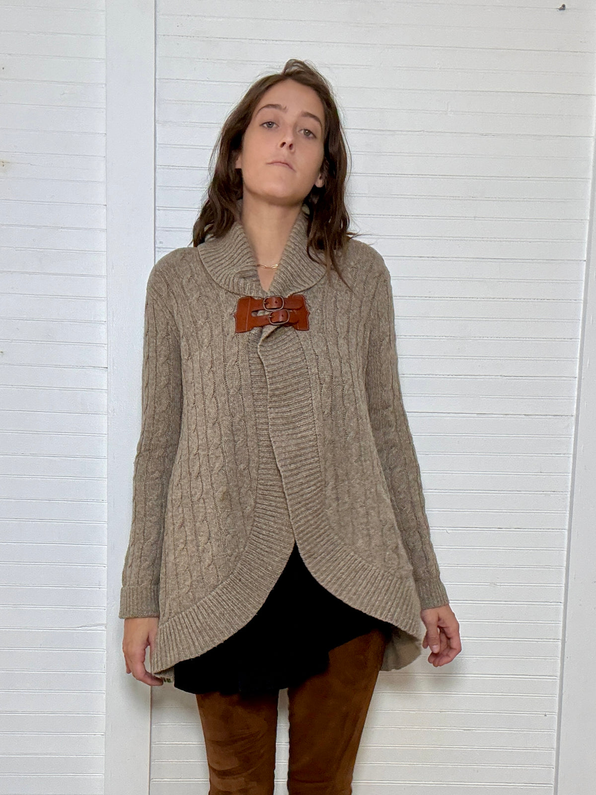 Vintage Ralph Lauren Grey Cable Knit Cardigan Sweater with Leather Hardware