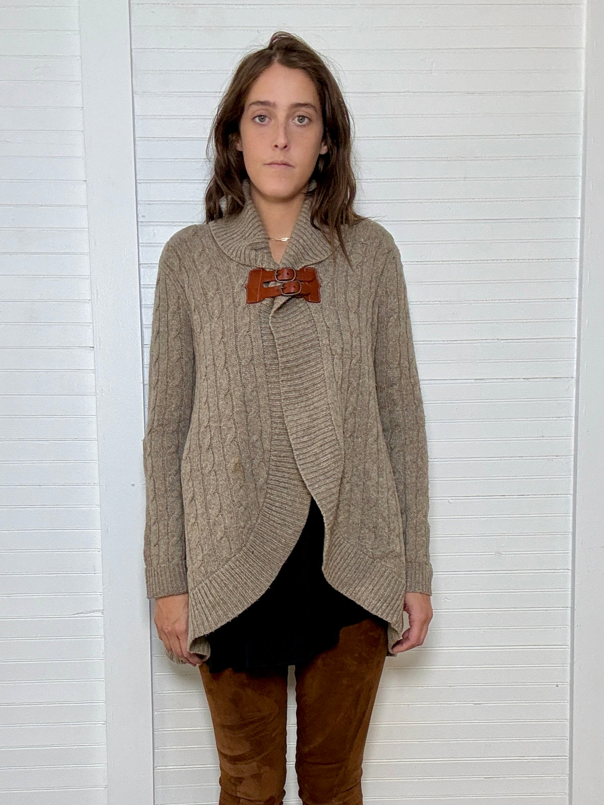Vintage Ralph Lauren Grey Cable Knit Cardigan Sweater with Leather Hardware