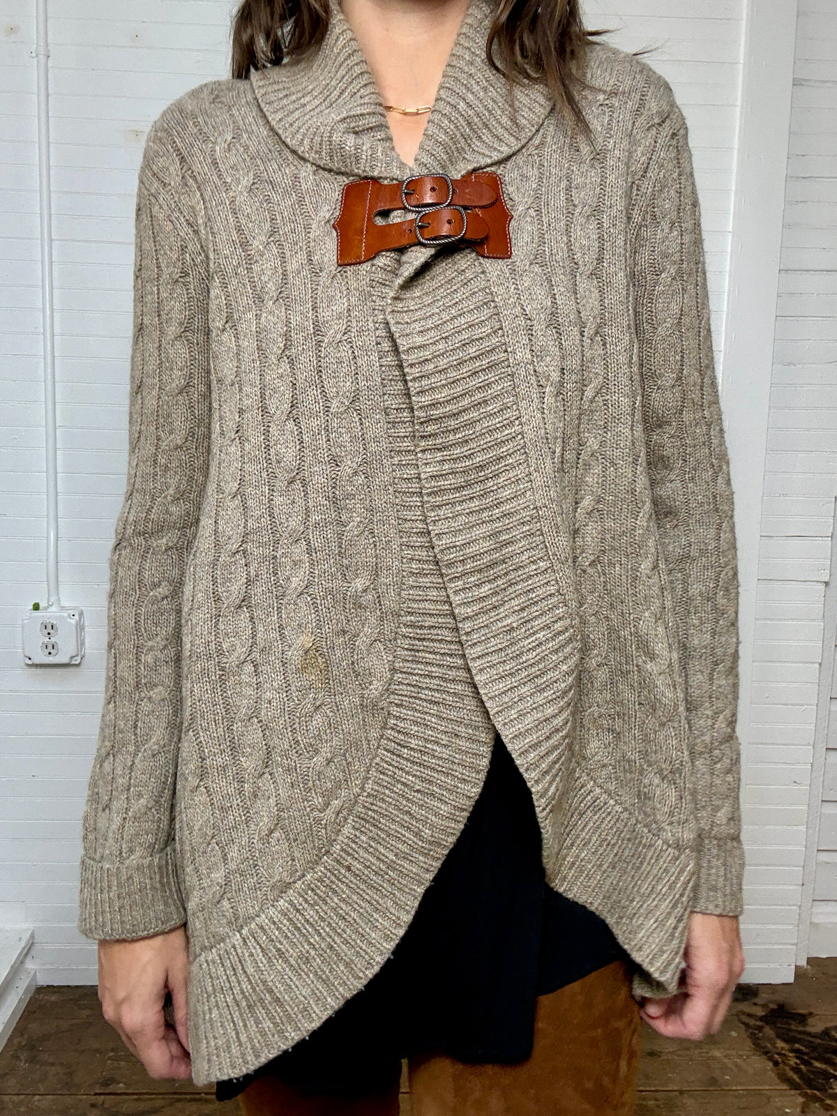 Vintage Ralph Lauren Grey Cable Knit Cardigan Sweater with Leather Hardware