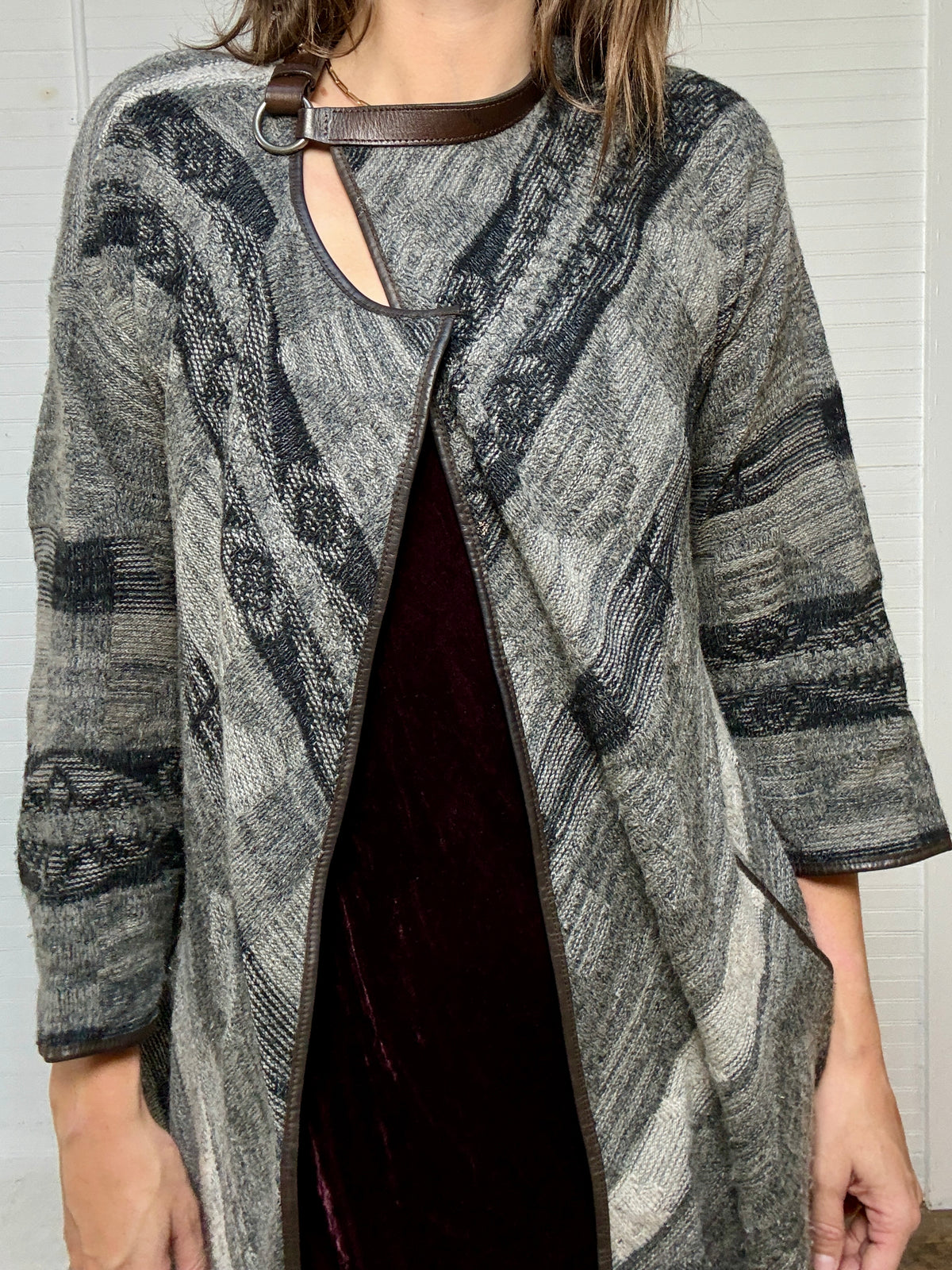 Vintage Ralph Lauren Grey Cardigan Sweater with Leather Trim