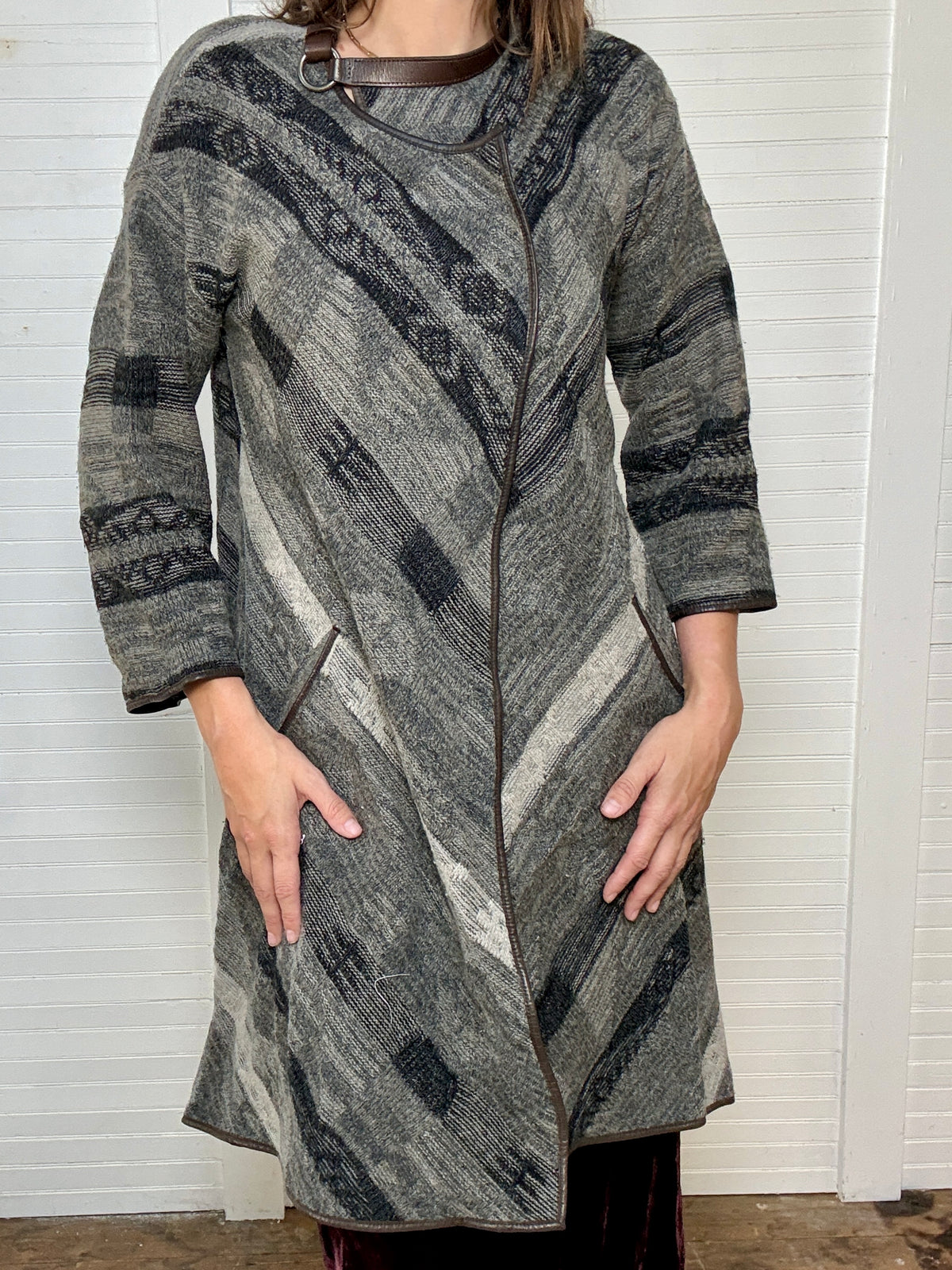 Vintage Ralph Lauren Grey Cardigan Sweater with Leather Trim