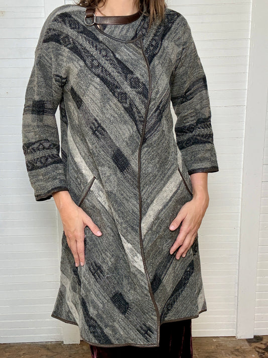 Vintage Ralph Lauren Grey Cardigan Sweater with Leather Trim