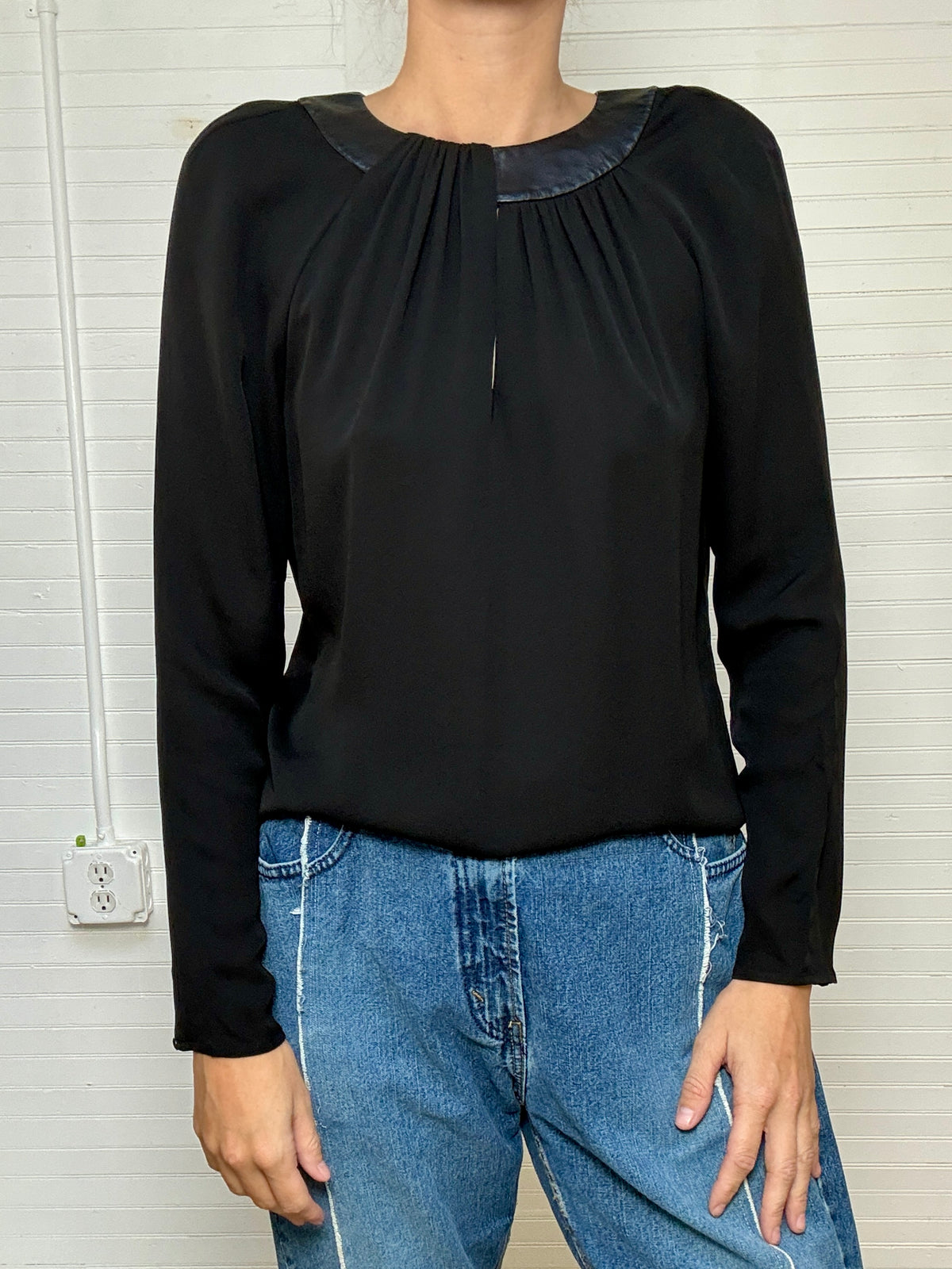 Vintage Ralph Lauren Black Label Black Sheer Top with Leather Collar