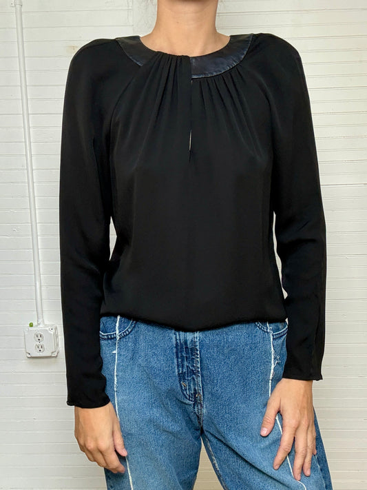 Vintage Ralph Lauren Black Label Black Sheer Top with Leather Collar