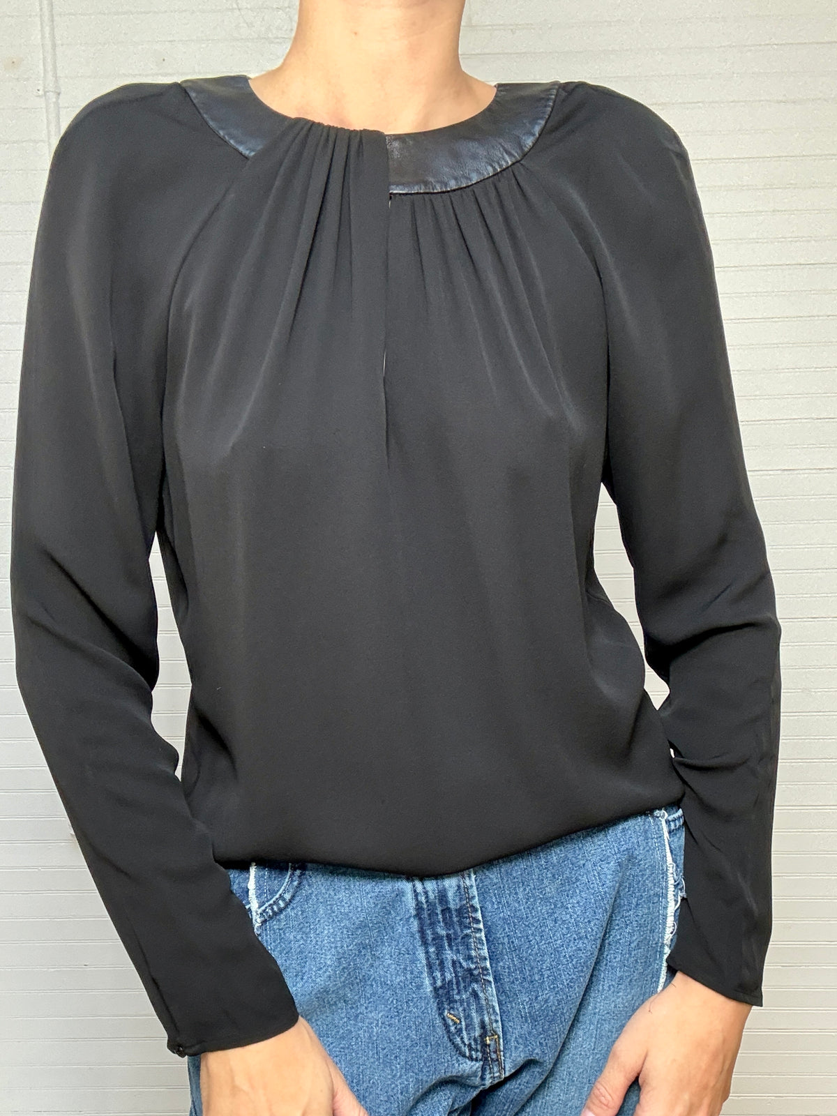 Vintage Ralph Lauren Black Label Black Sheer Top with Leather Collar