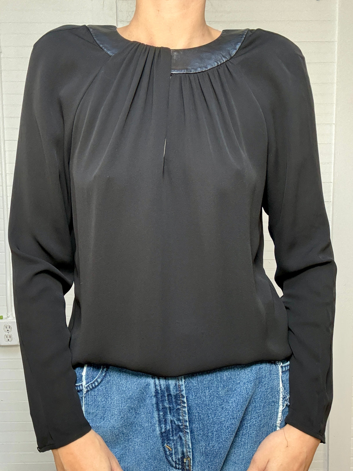 Vintage Ralph Lauren Black Label Black Sheer Top with Leather Collar