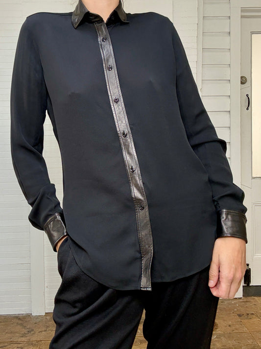 Vintage Ralph Lauren Black Label Black Sheer Button Up Top with Leather Trim