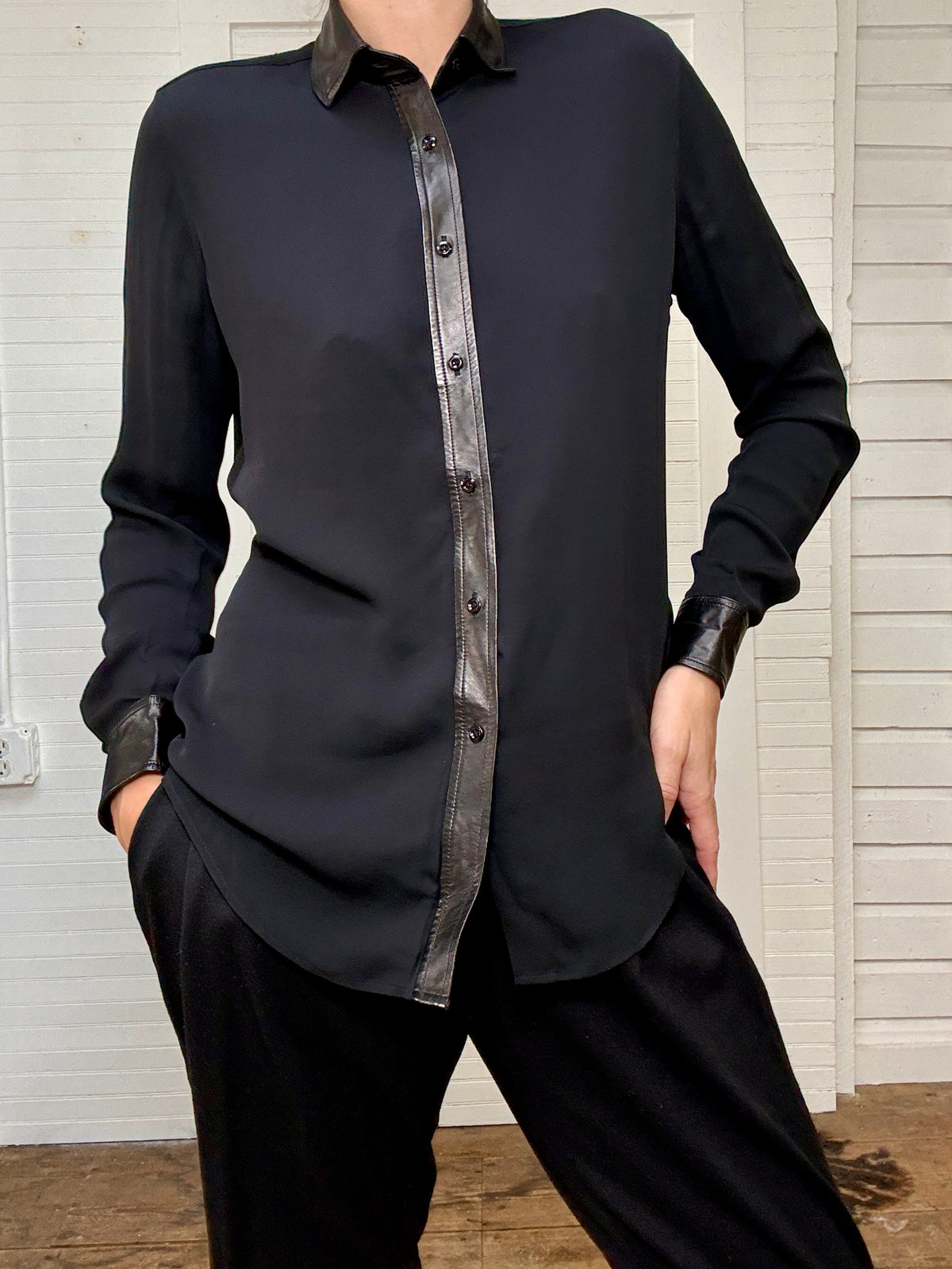 Vintage Ralph Lauren Black Label Black Sheer Button Up Top with Leather Trim