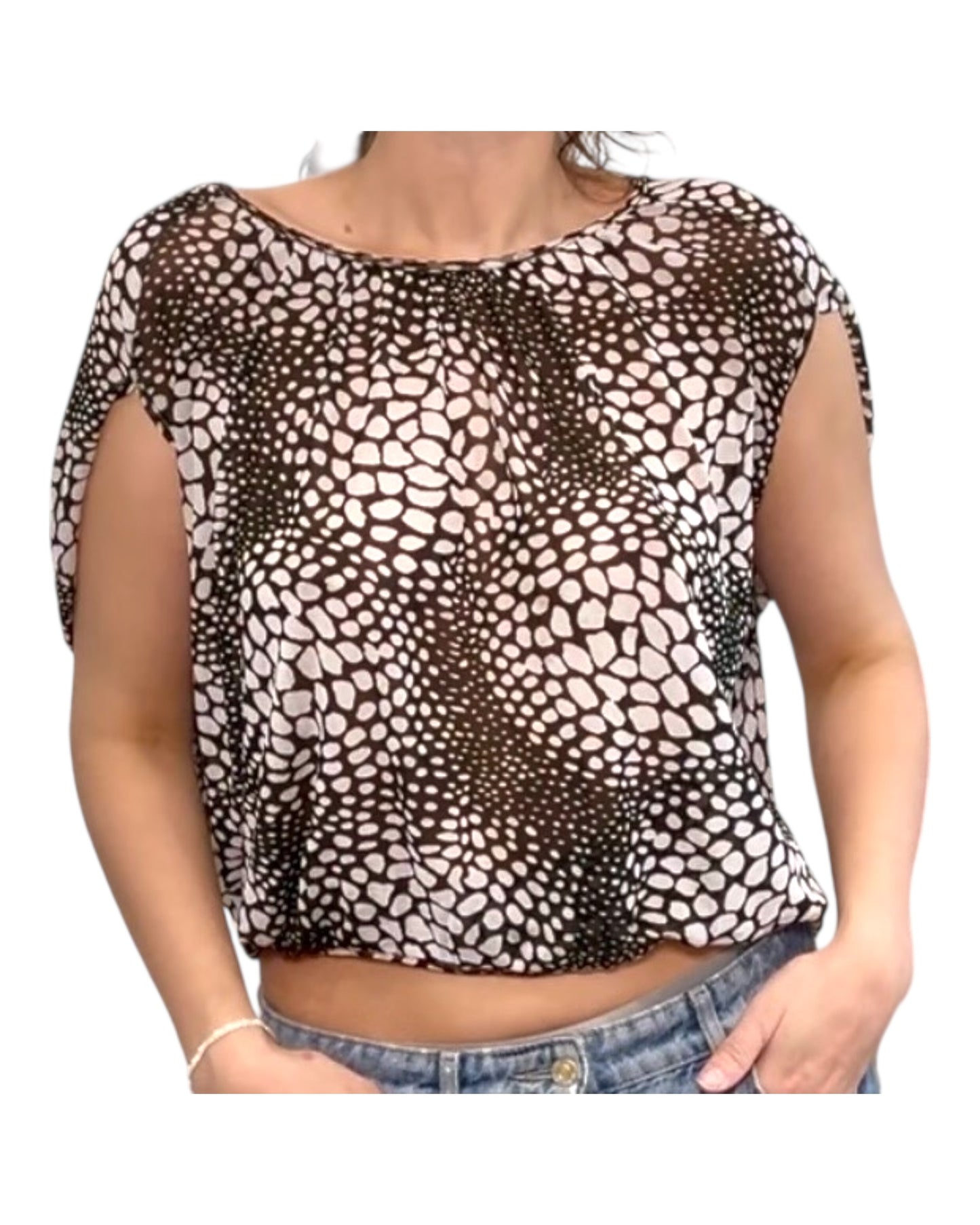Vintage Y2K Black and White Animal Print Mesh Blouse