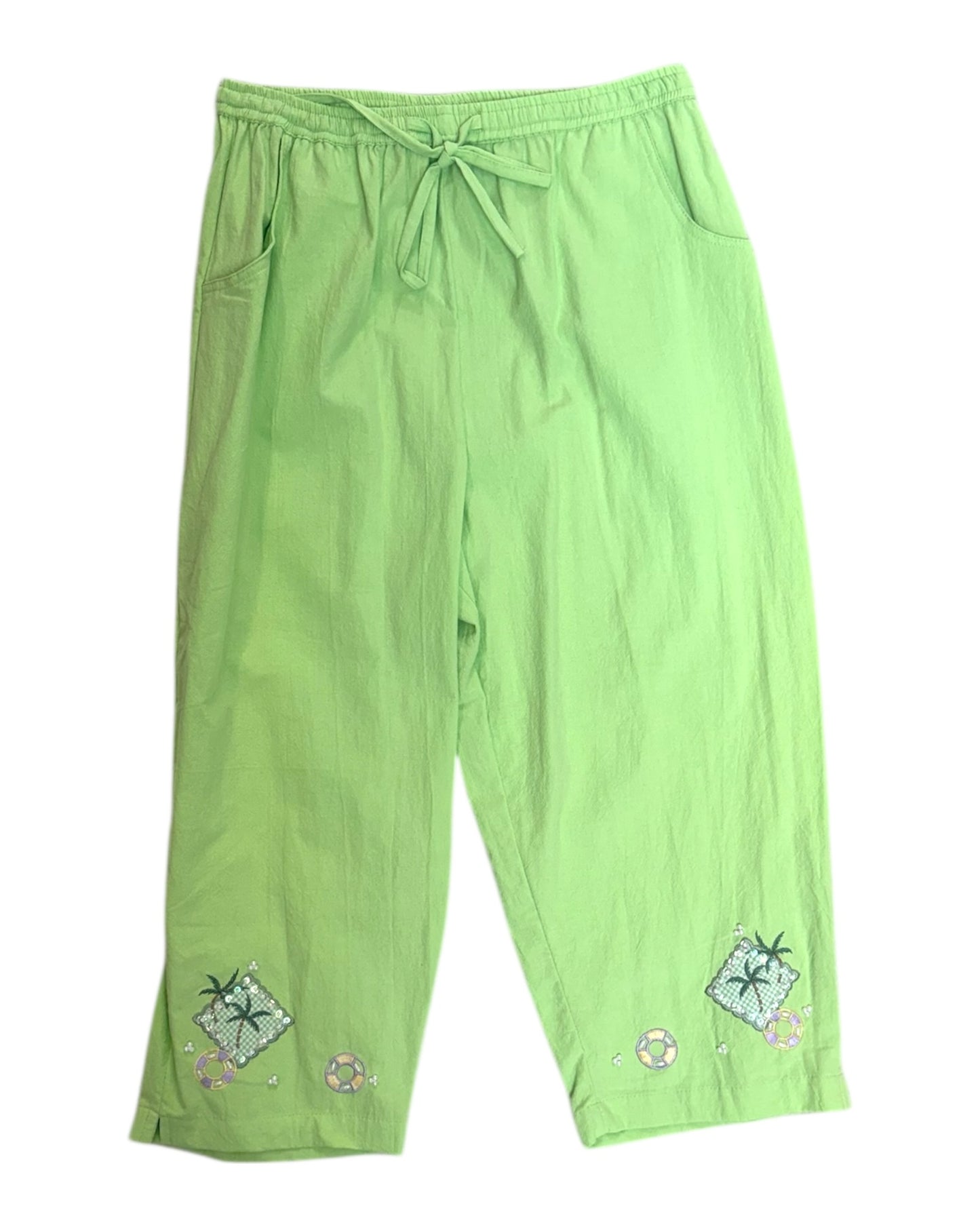 Vintage Lime Green Embroidered Beach Scene Matching Set