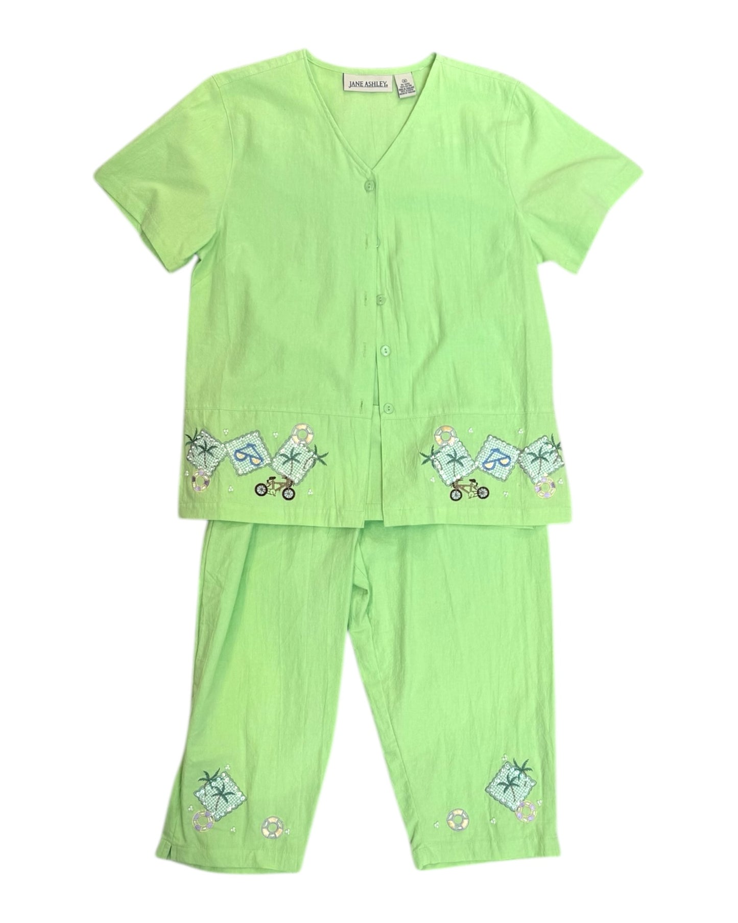 Vintage Lime Green Embroidered Beach Scene Matching Set