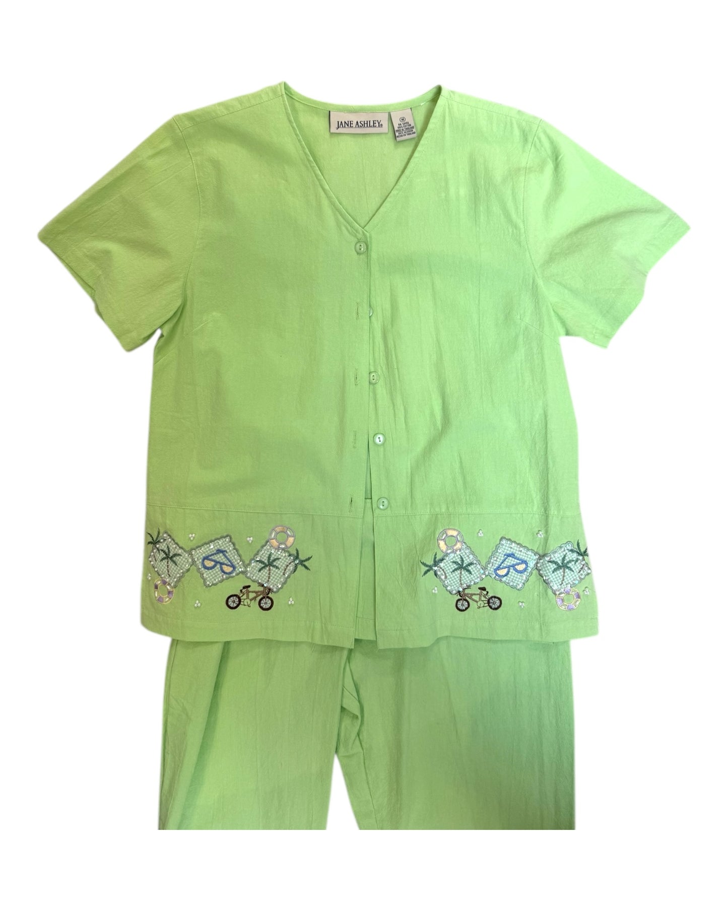 Vintage Lime Green Embroidered Beach Scene Matching Set