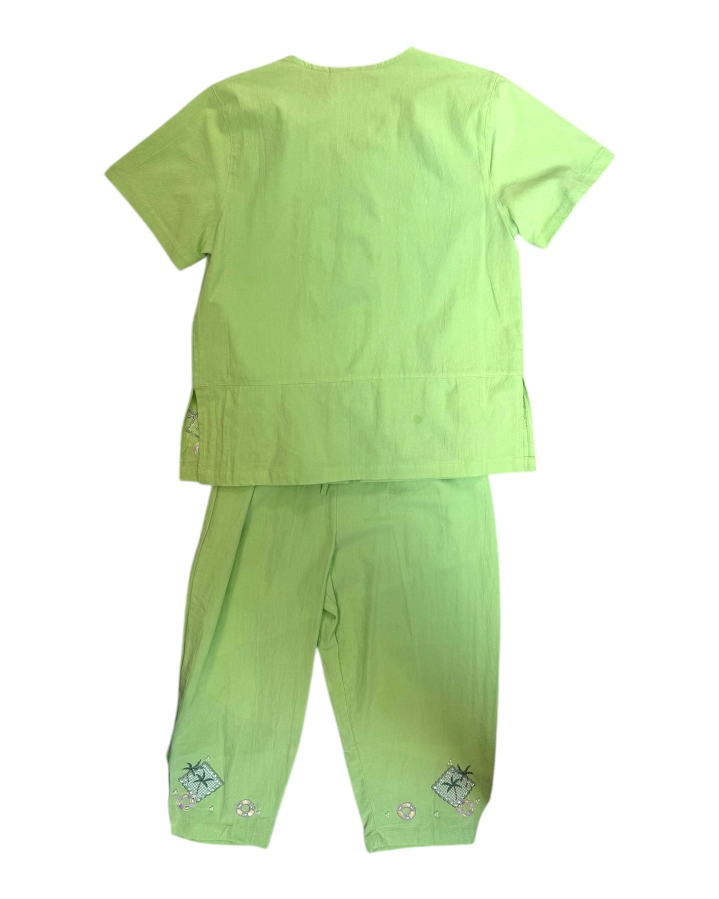 Vintage Lime Green Embroidered Beach Scene Matching Set