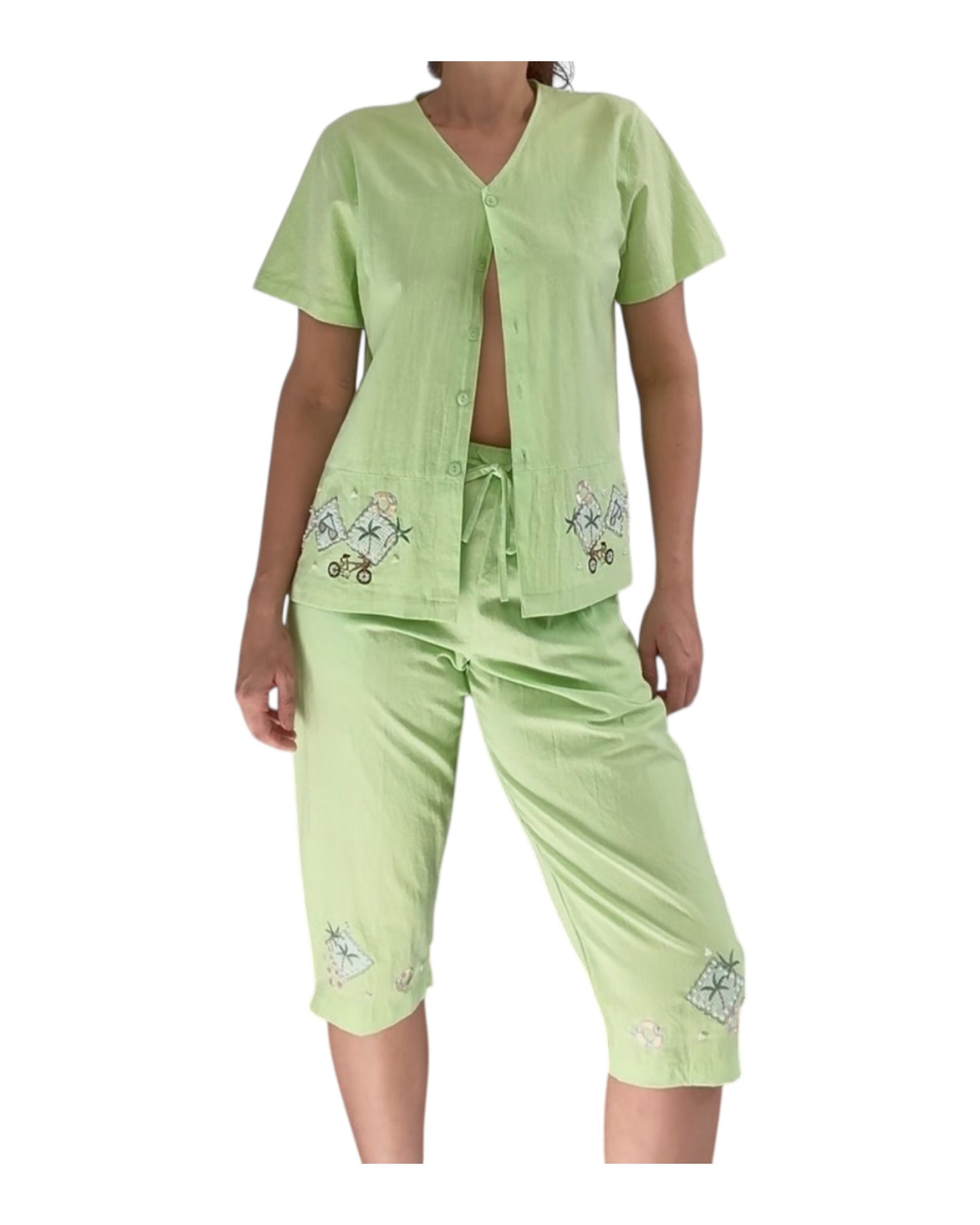 Vintage Lime Green Embroidered Beach Scene Matching Set