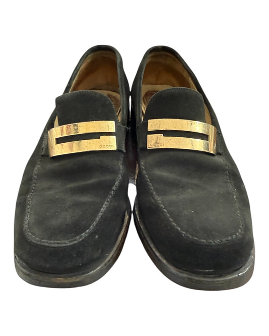 Vintage Gucci Black Suede Logo Loafers