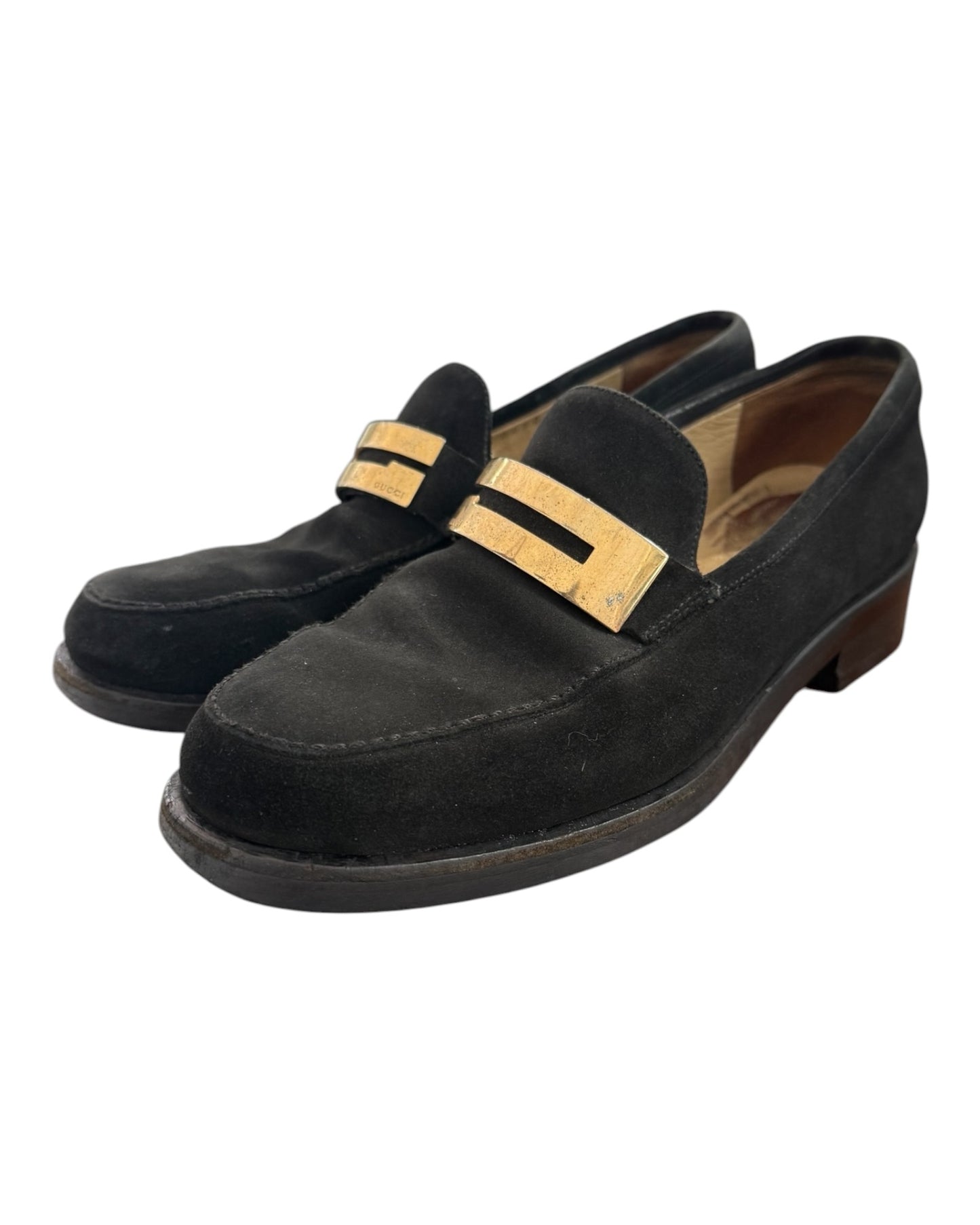 Vintage Gucci Black Suede Logo Loafers