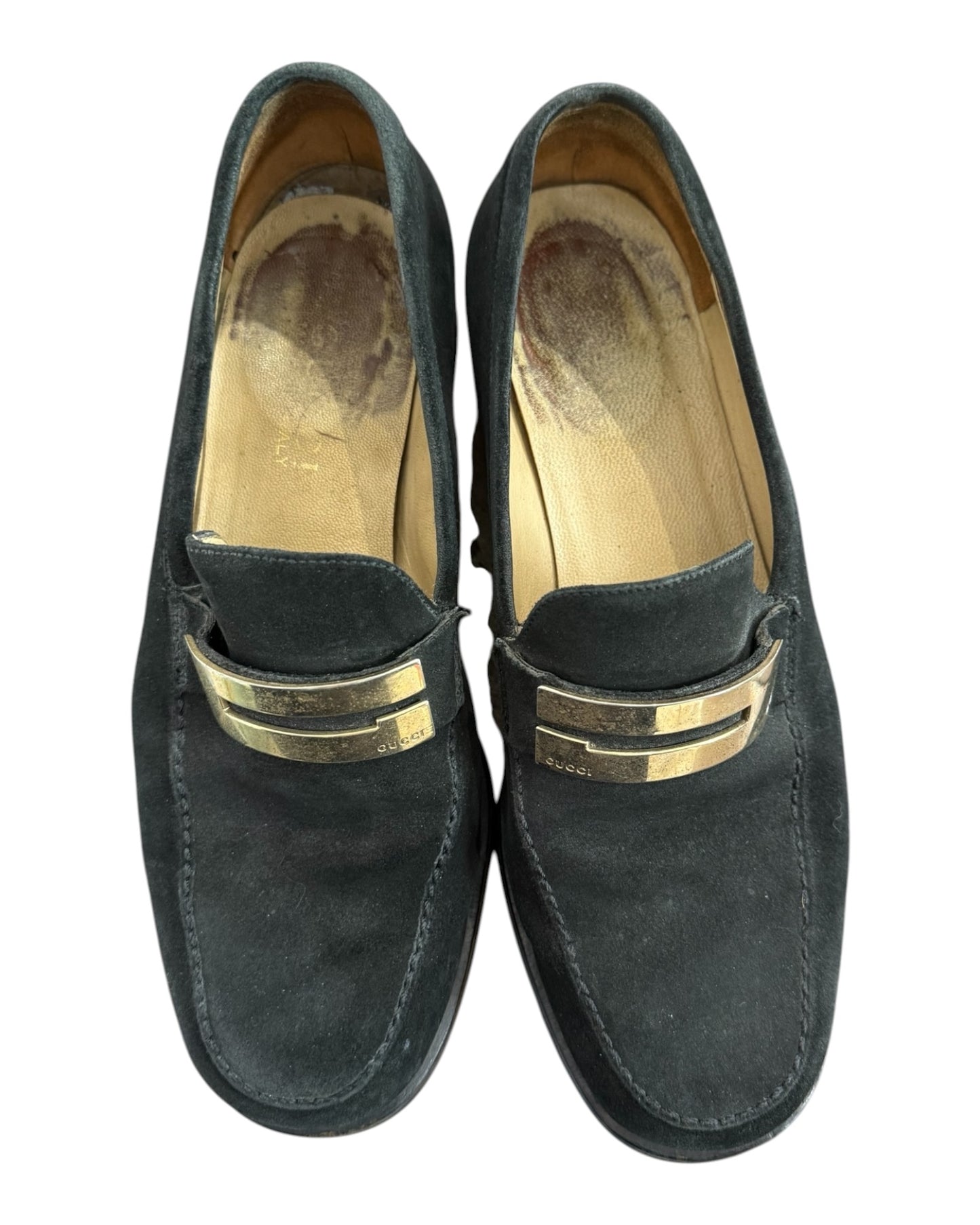 Vintage Gucci Black Suede Logo Loafers