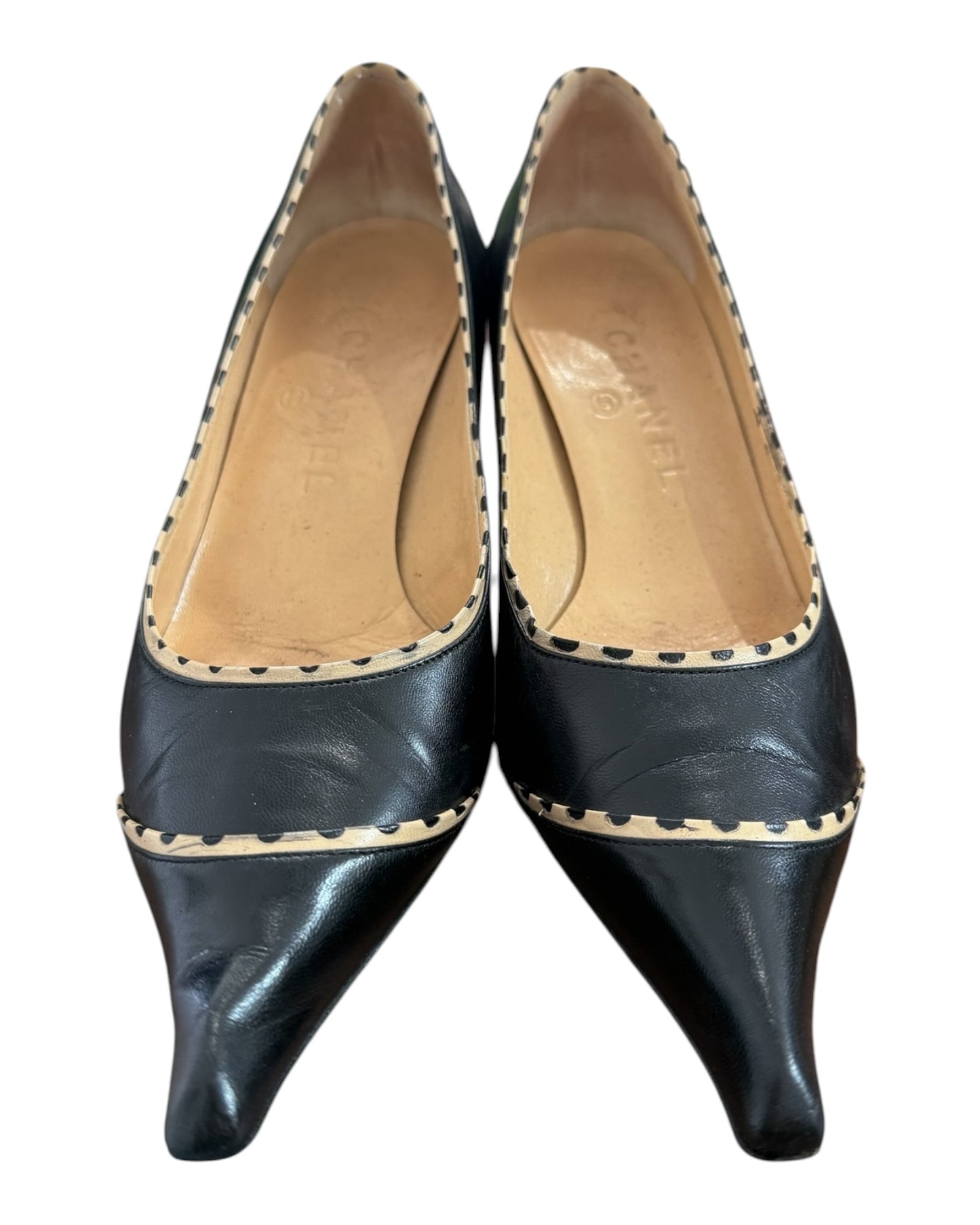 Vintage Chanel Black Leather Pointy Toe Kitten Heels