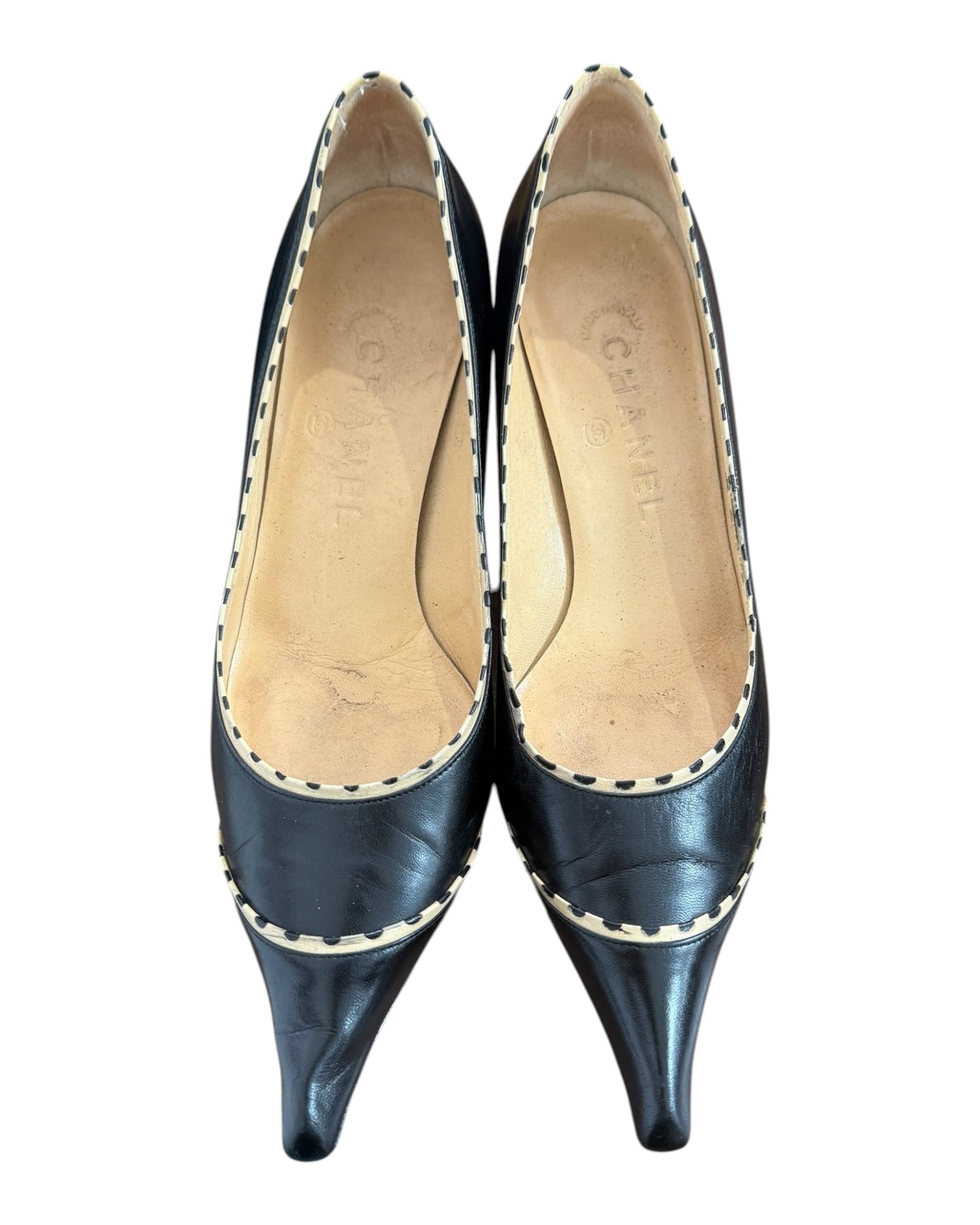 Vintage Chanel Black Leather Pointy Toe Kitten Heels