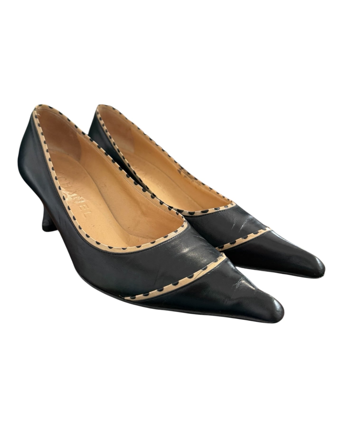 Vintage Chanel Black Leather Pointy Toe Kitten Heels