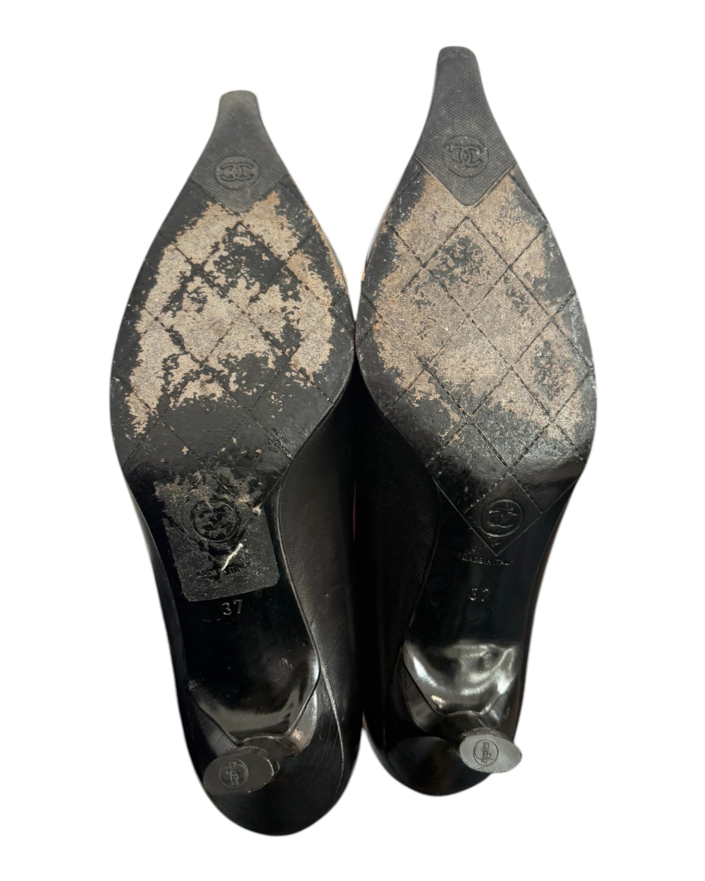 Vintage Chanel Black Leather Pointy Toe Kitten Heels