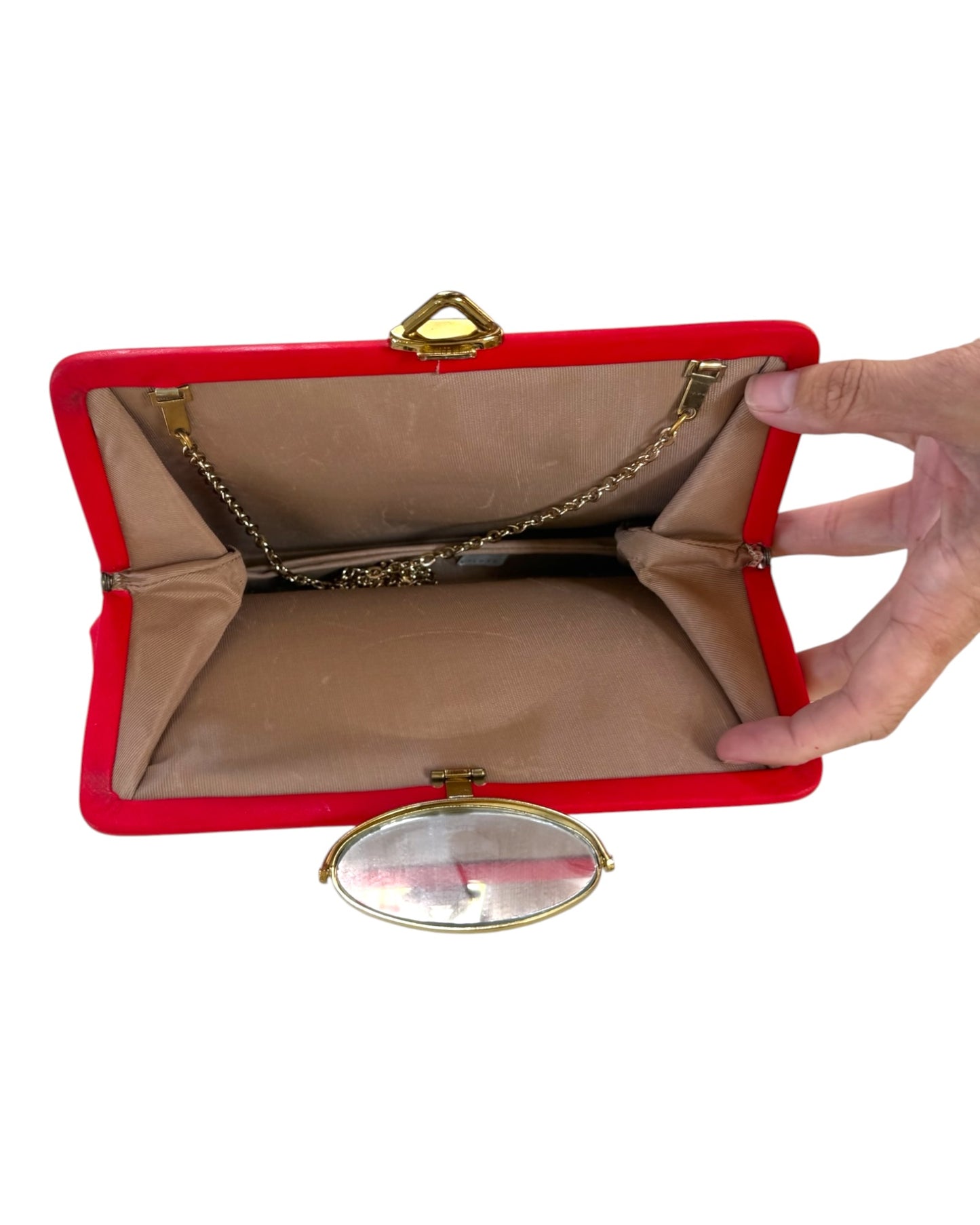 Vintage 1950/60s Mardane Red Clutch with Chain and Mirror