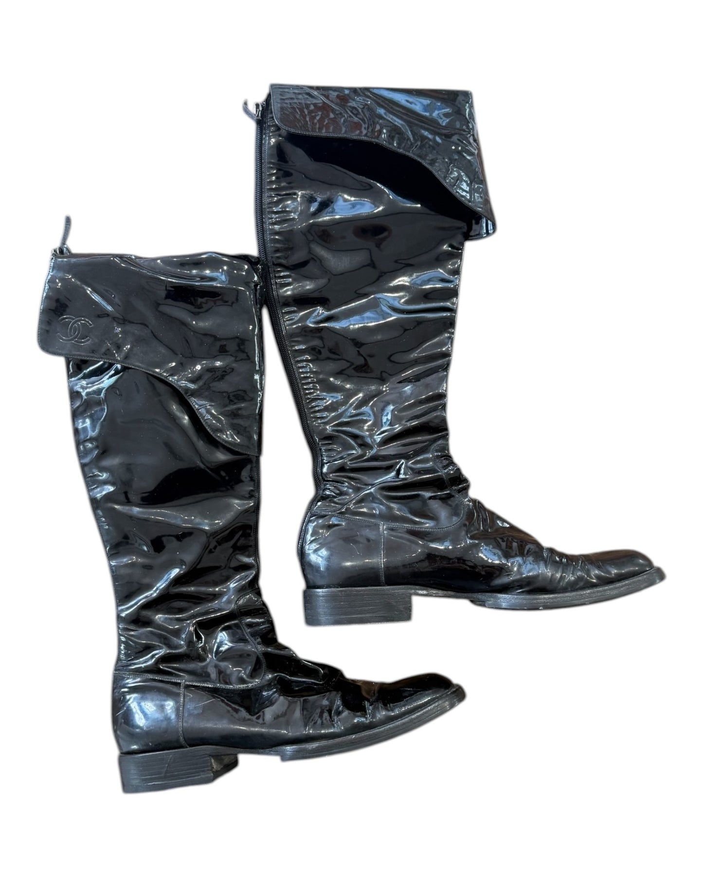 Vintage Chanel Black Patent Leather Over-the-Knee Boots