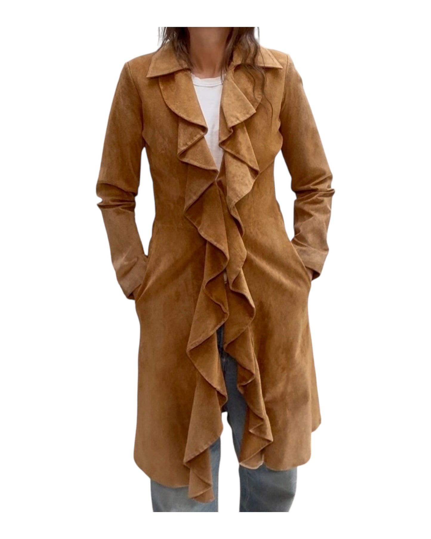 Vintage Suede Long Jacket with Ruffles
