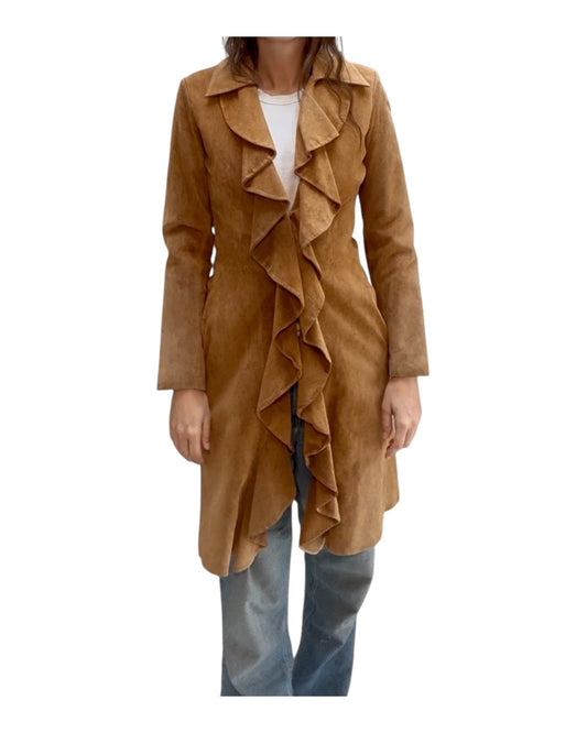 Vintage Suede Long Jacket with Ruffles