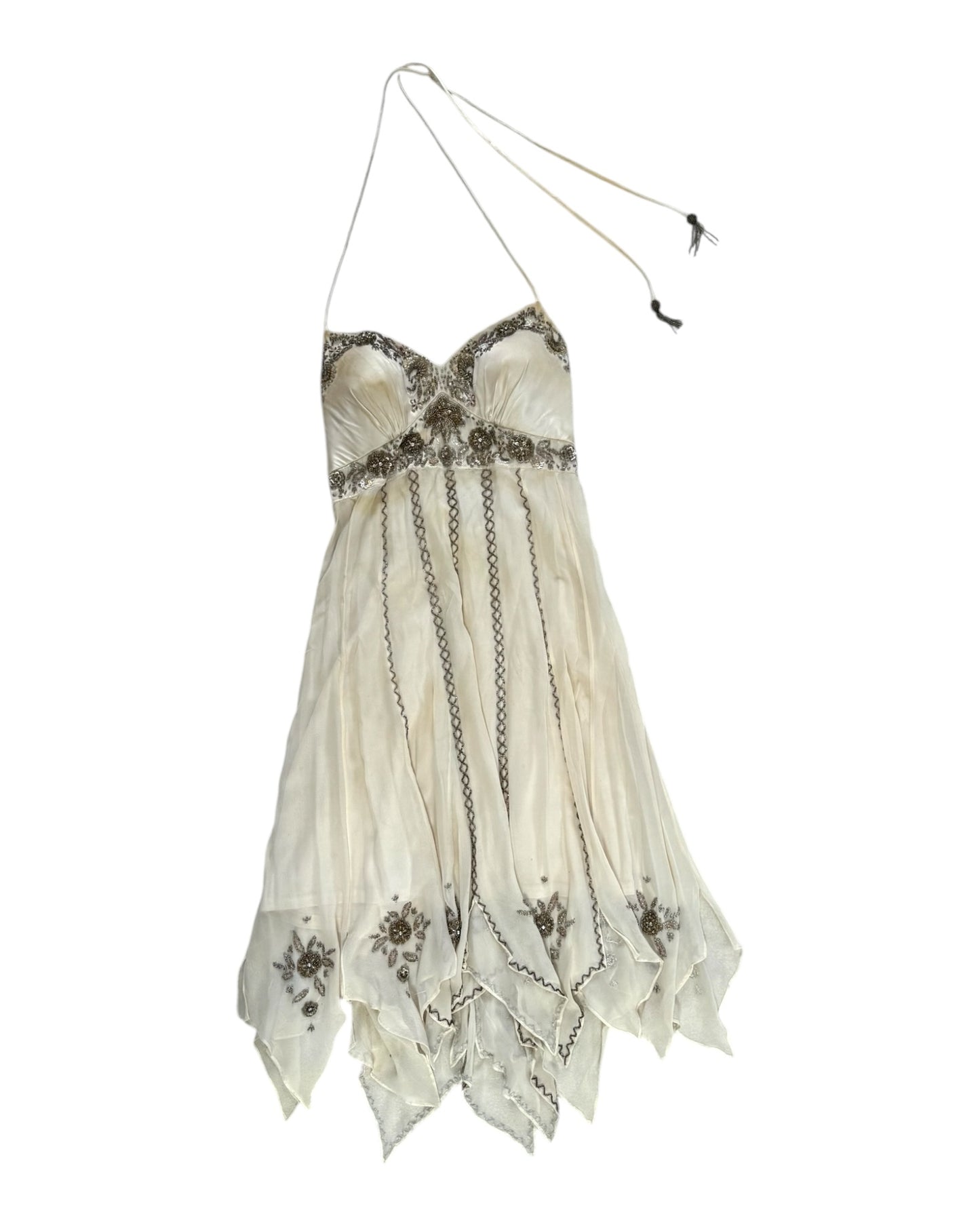 Vintage Cache Beaded Ecru Handkerchief Dress